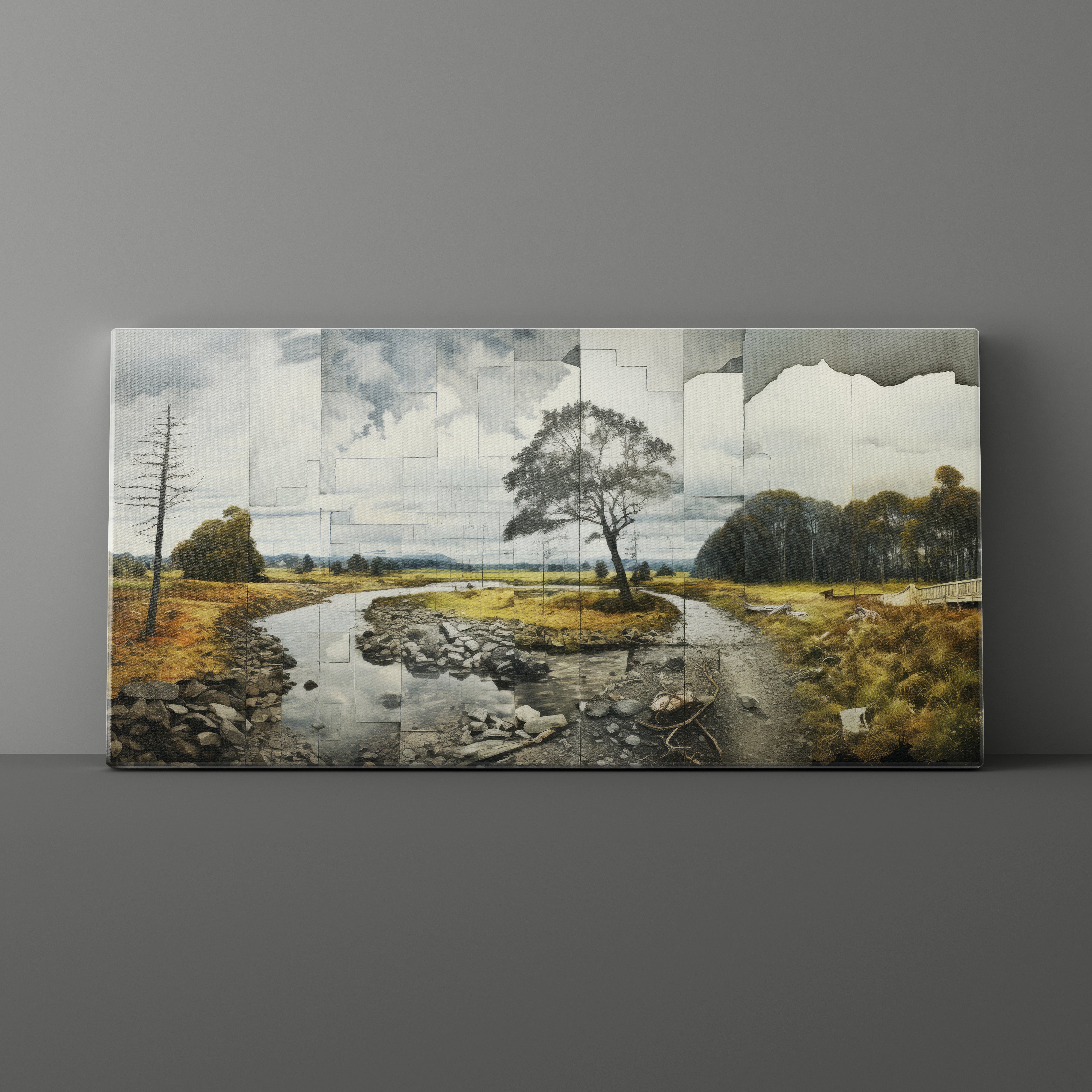 Artistic depiction of a landscape with a tree and stream on a gray background