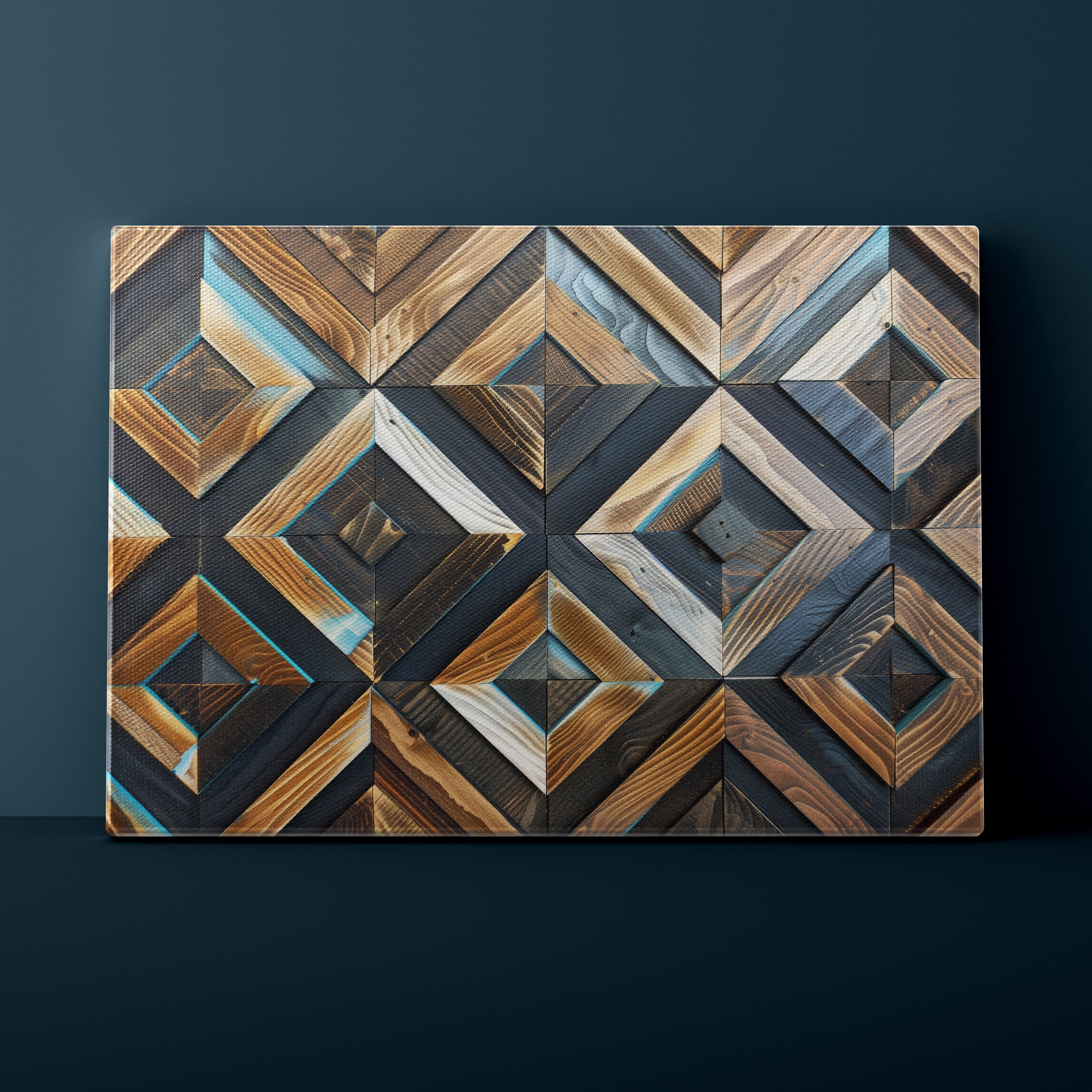 Wooden wall art with geometric pattern on a dark background