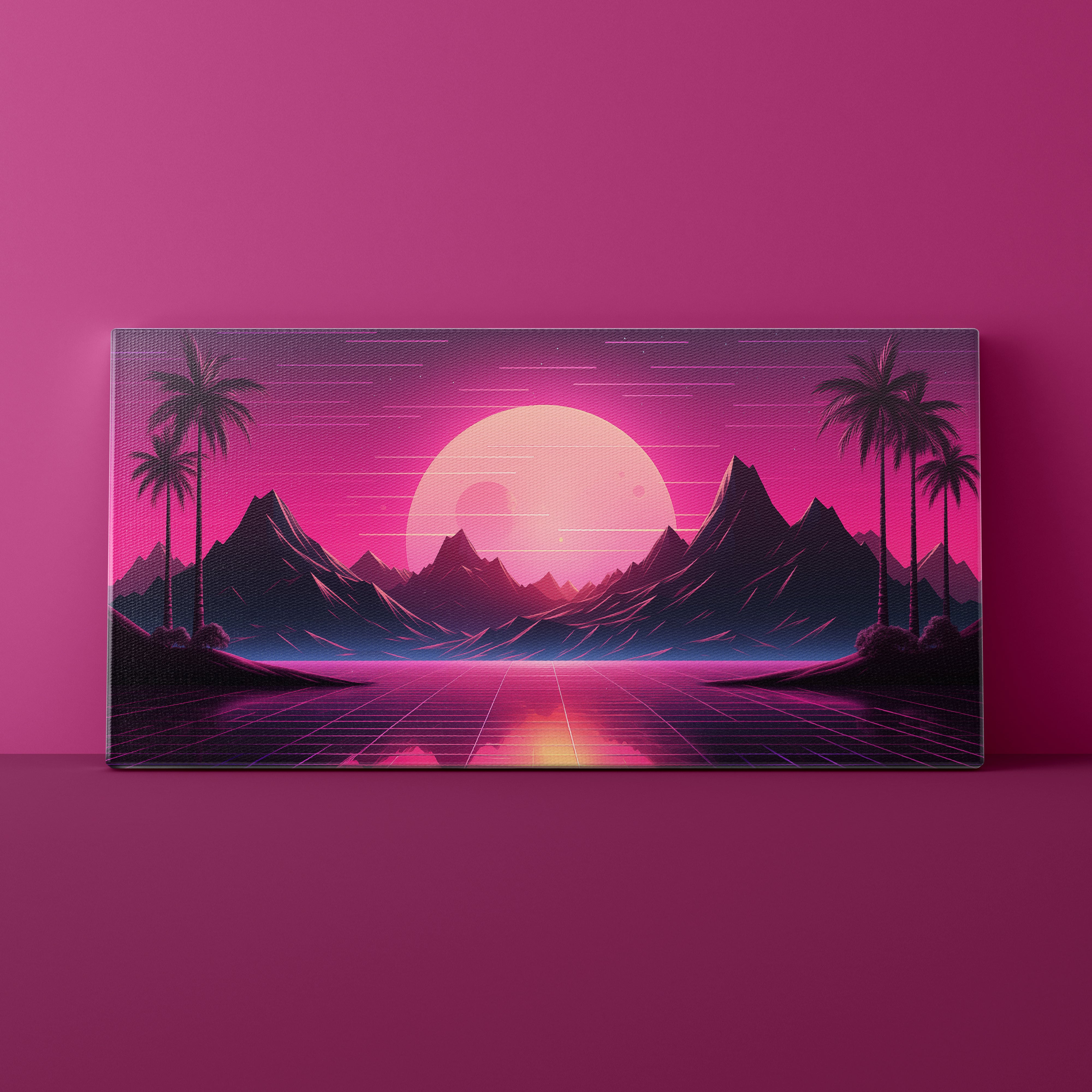 Futuristic landscape with mountains, palm trees, and a pink sun on a purple background