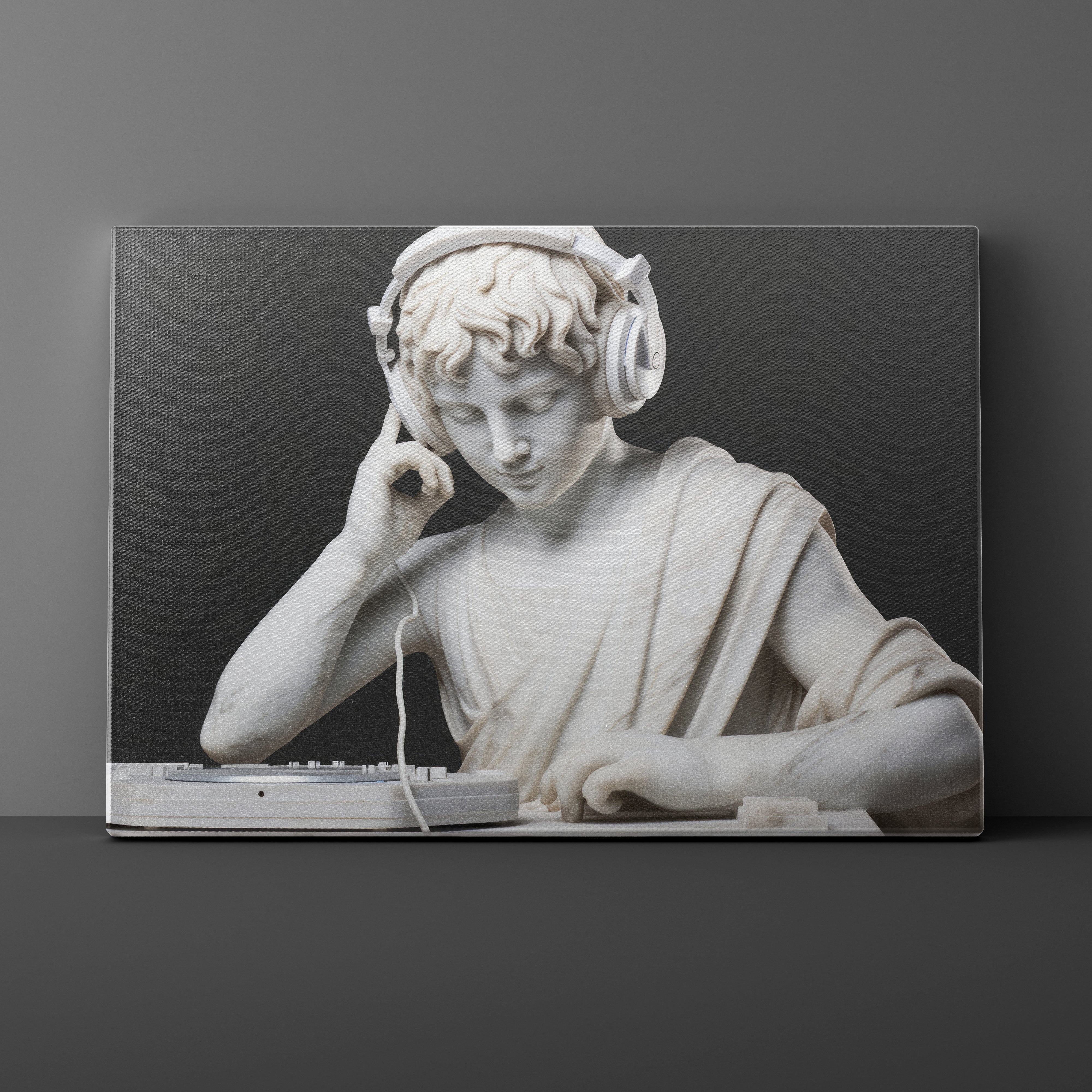 Statue of a classical figure wearing headphones and using a laptop on a dark background