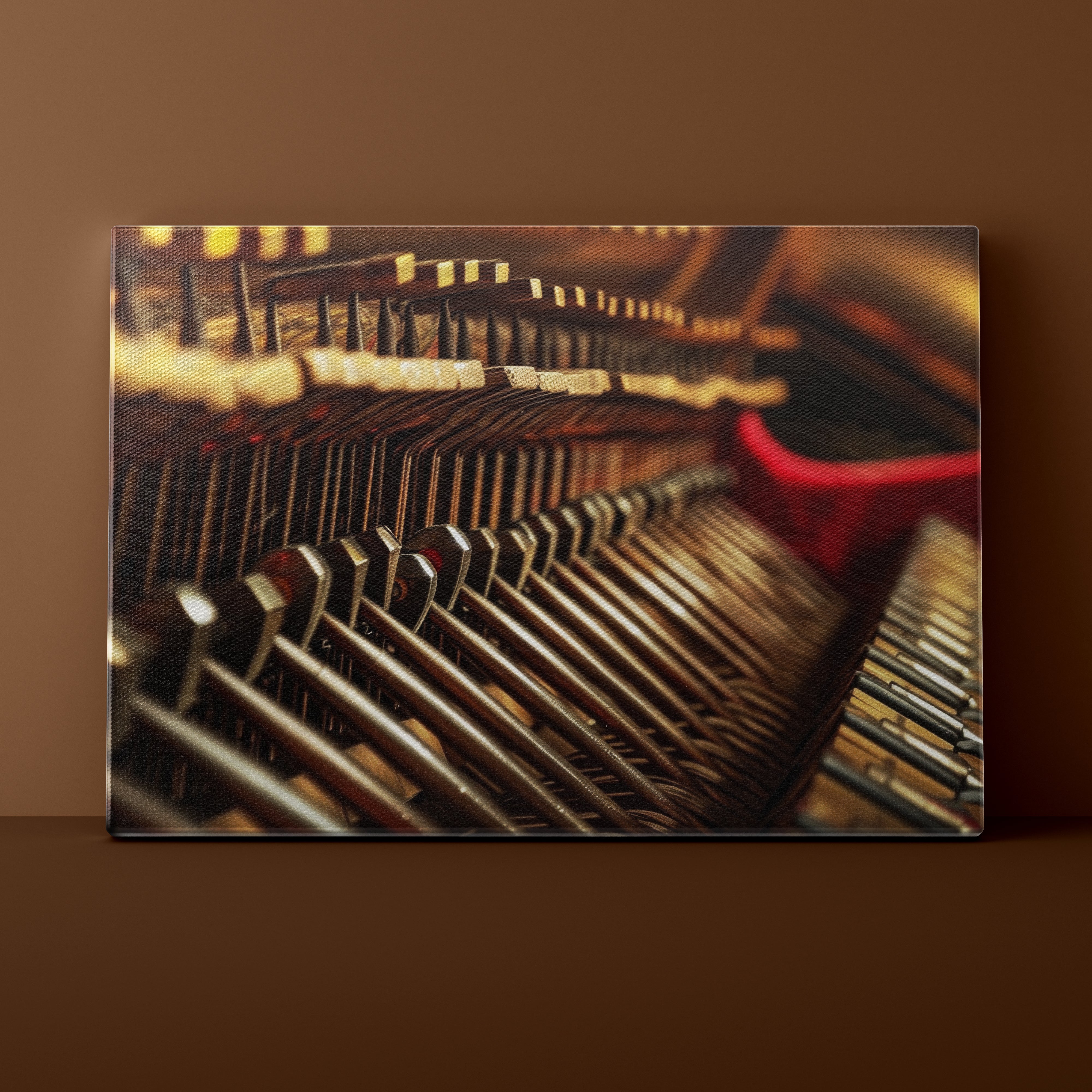 Close-up of a typewriter on a brown background