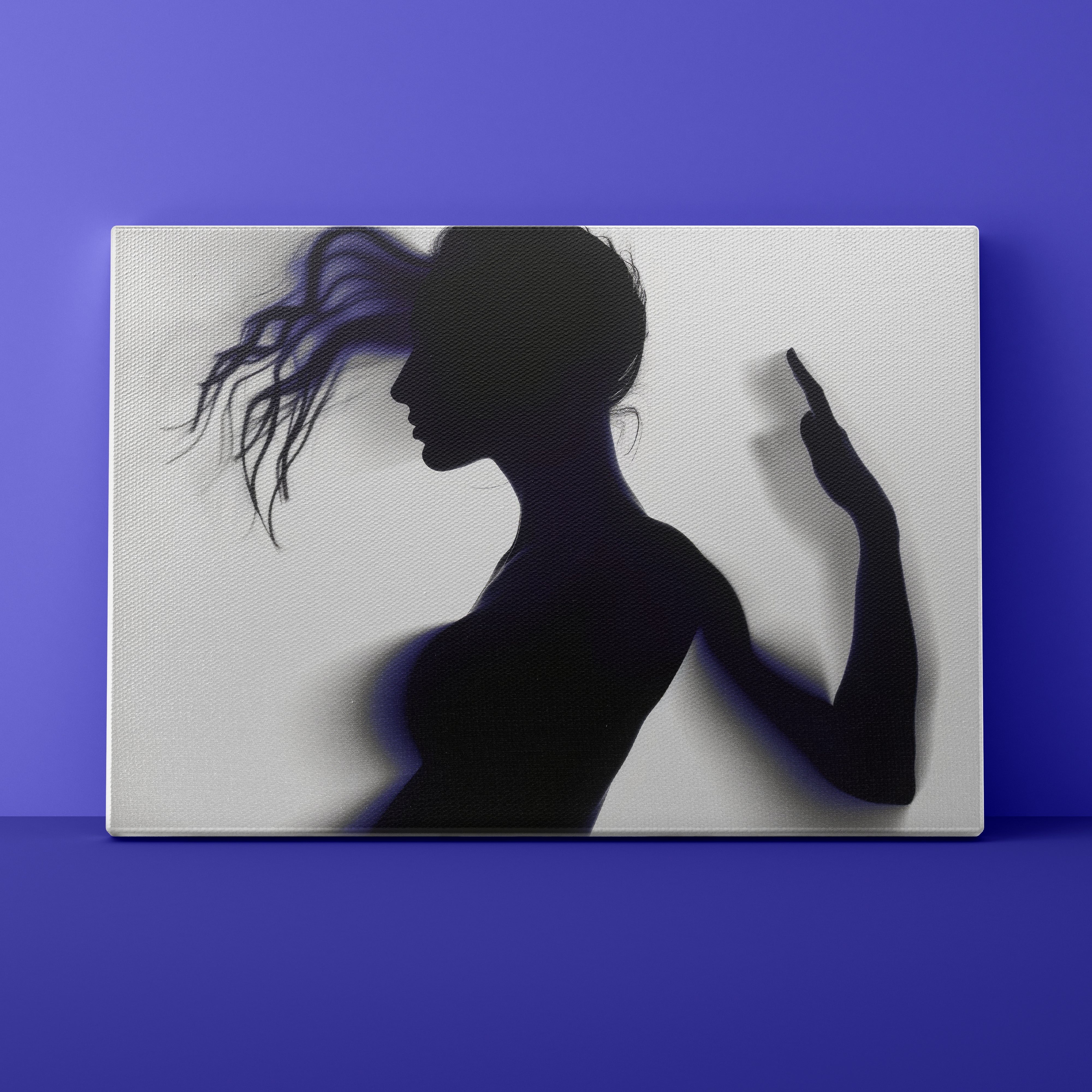 Silhouette of a woman with flowing hair on a white background