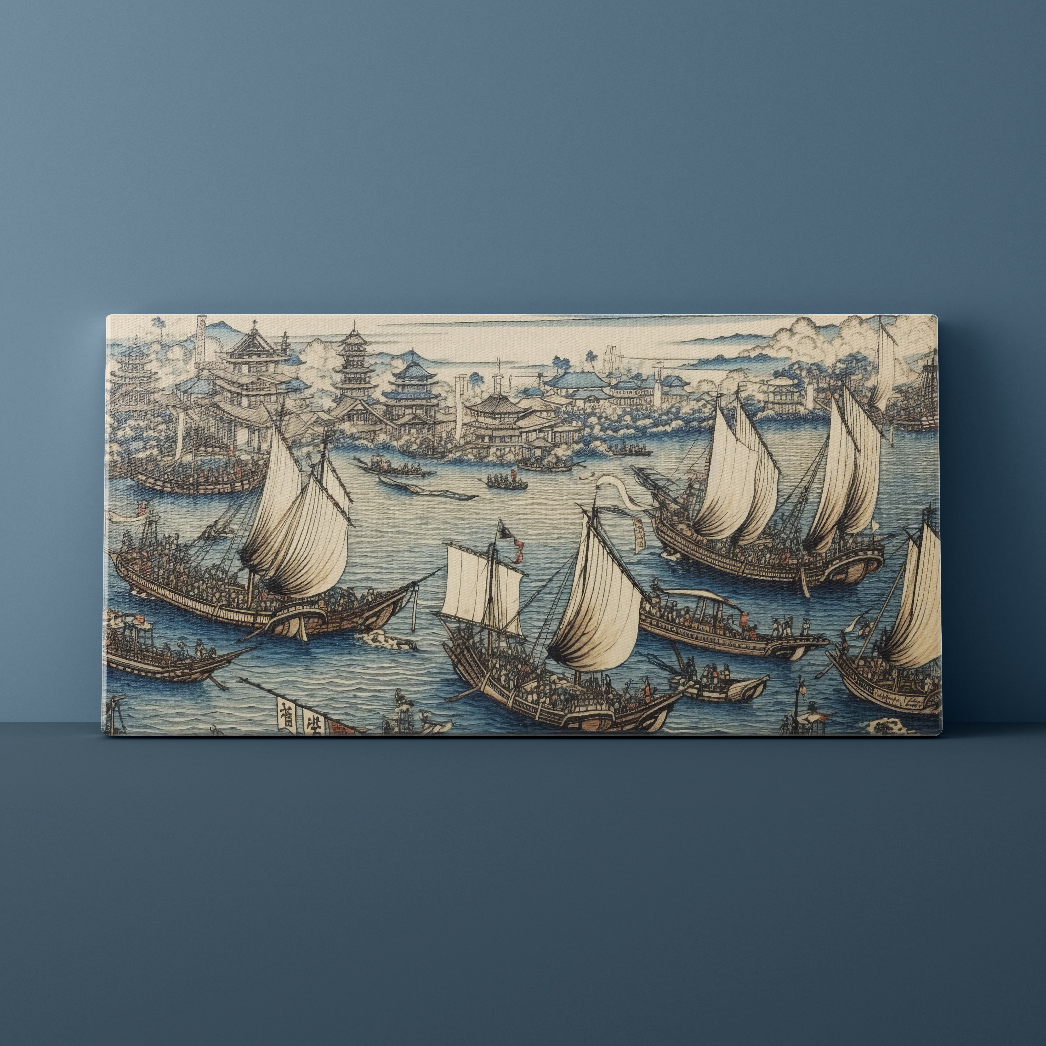 Canvas print of a historical ship scene on a blue wall