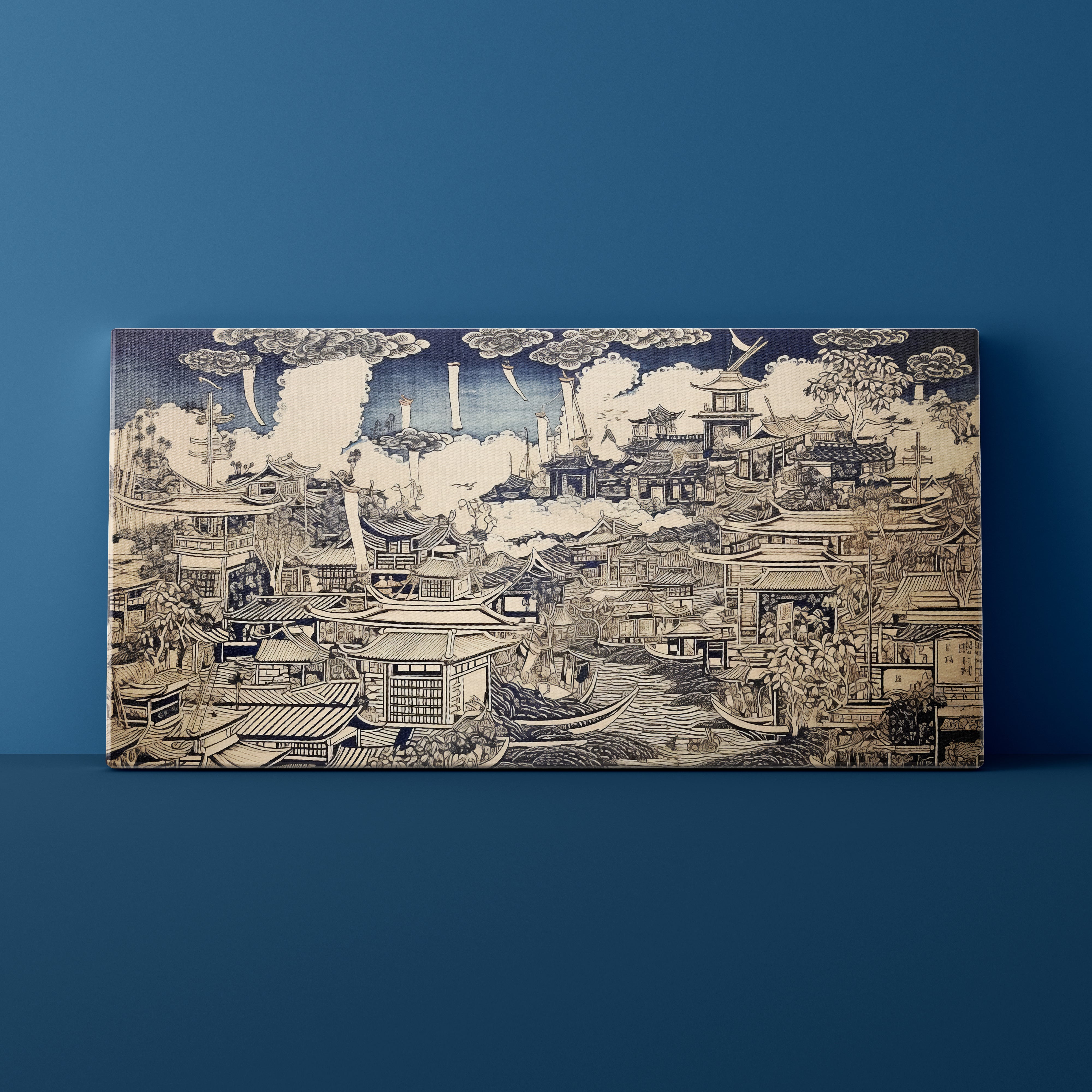 Decorative wall art with a traditional cityscape design on a blue background