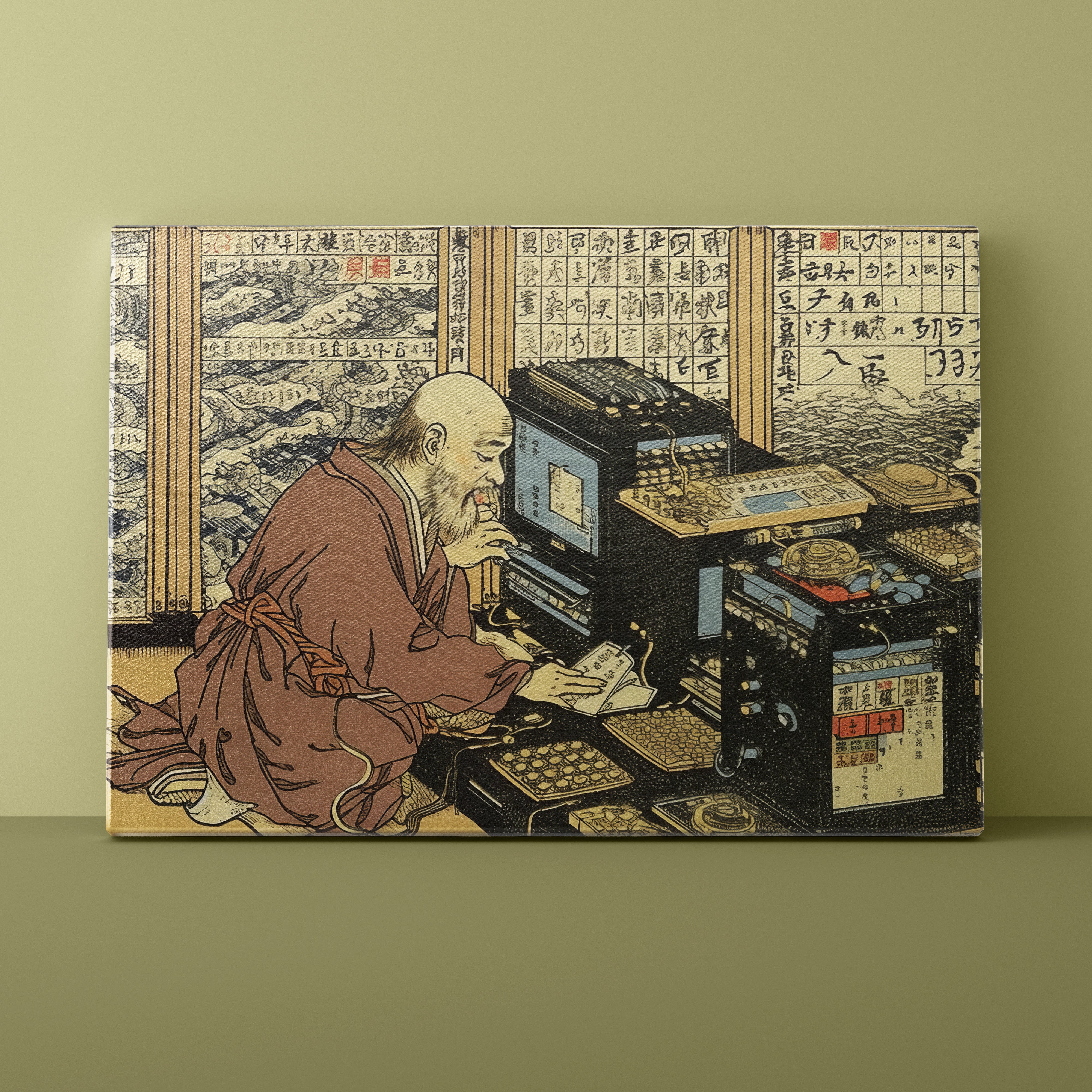 Vintage-style illustration of a man working at a typewriter with a green wall background