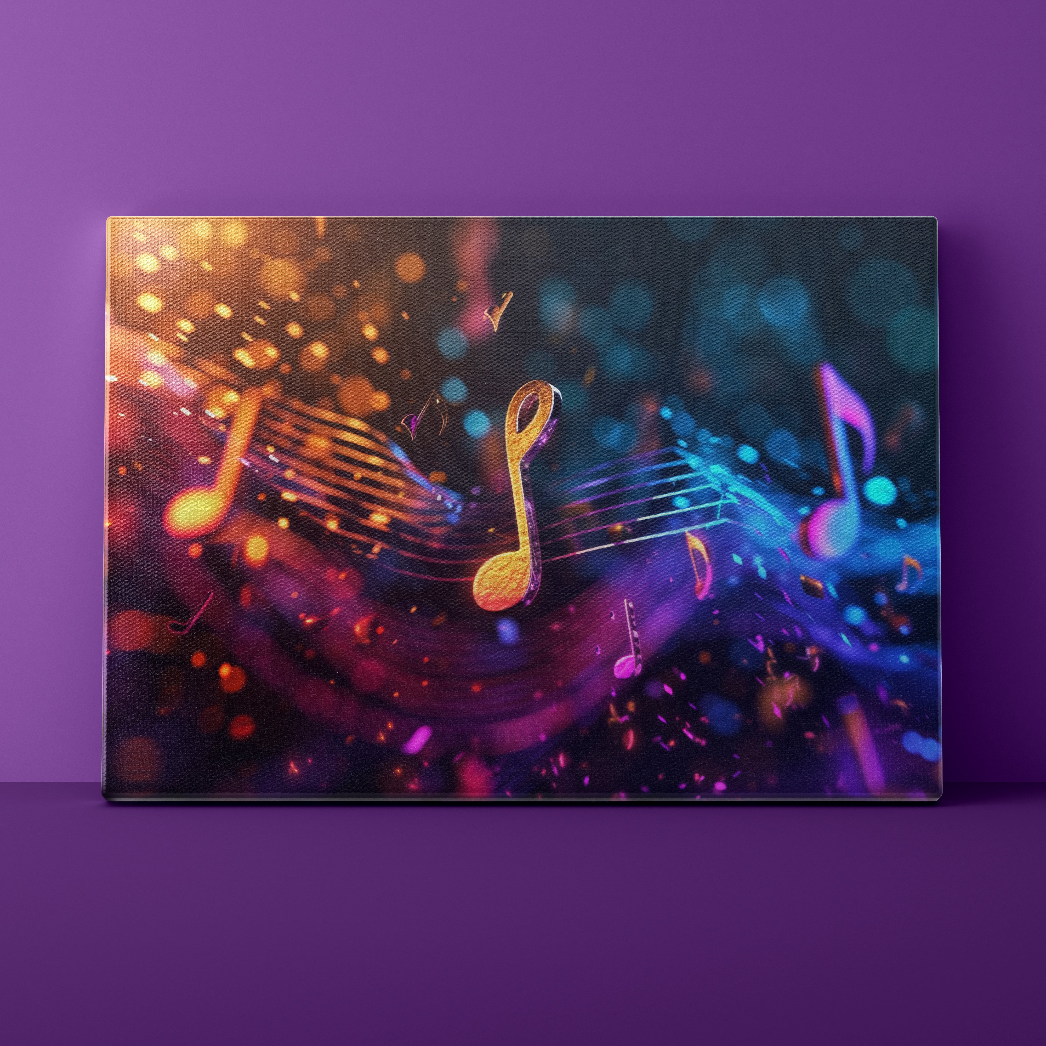 Canvas print with colorful music notes on a purple background