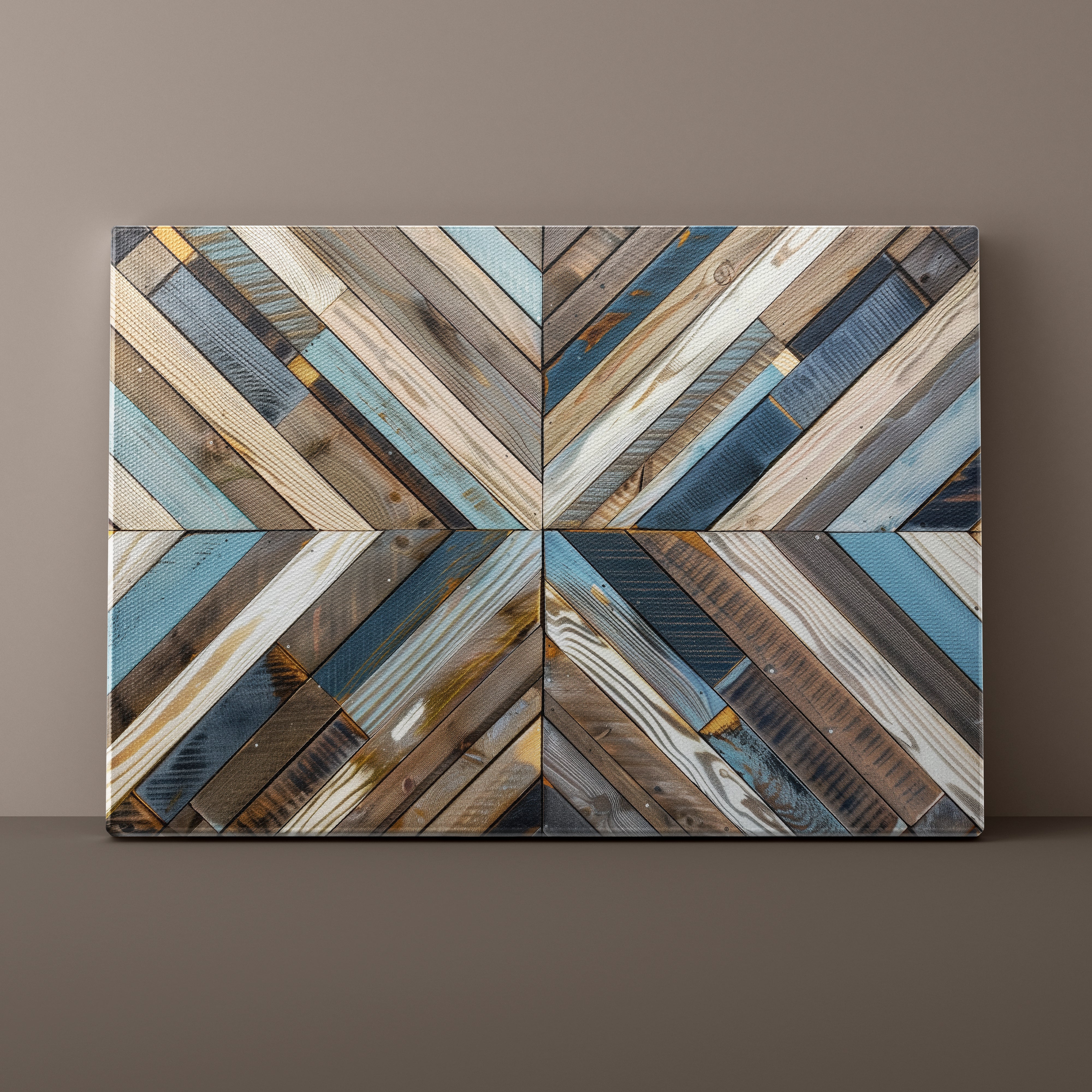 Wooden wall art with a geometric pattern on a brown background