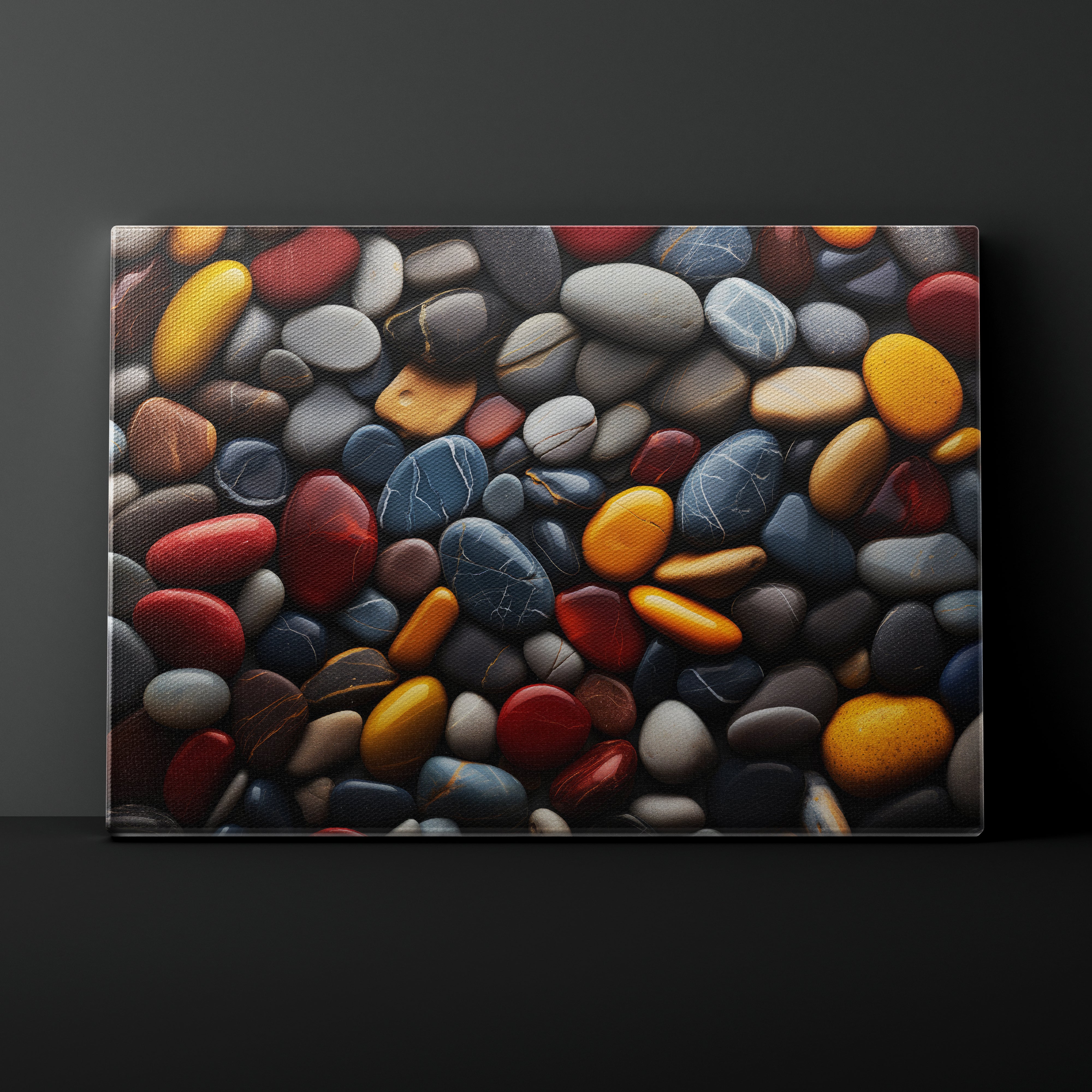 Canvas print of multicolored pebbles on a dark background