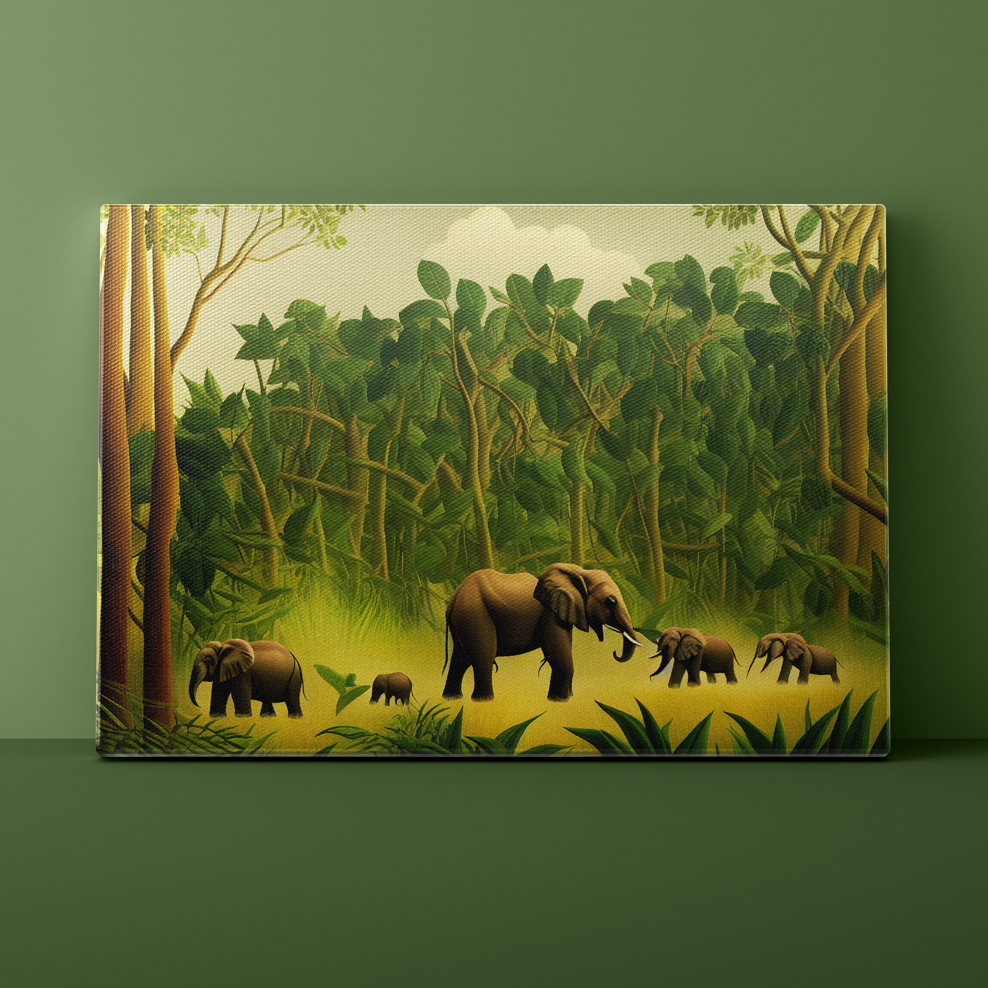 Elephants in a lush green forest