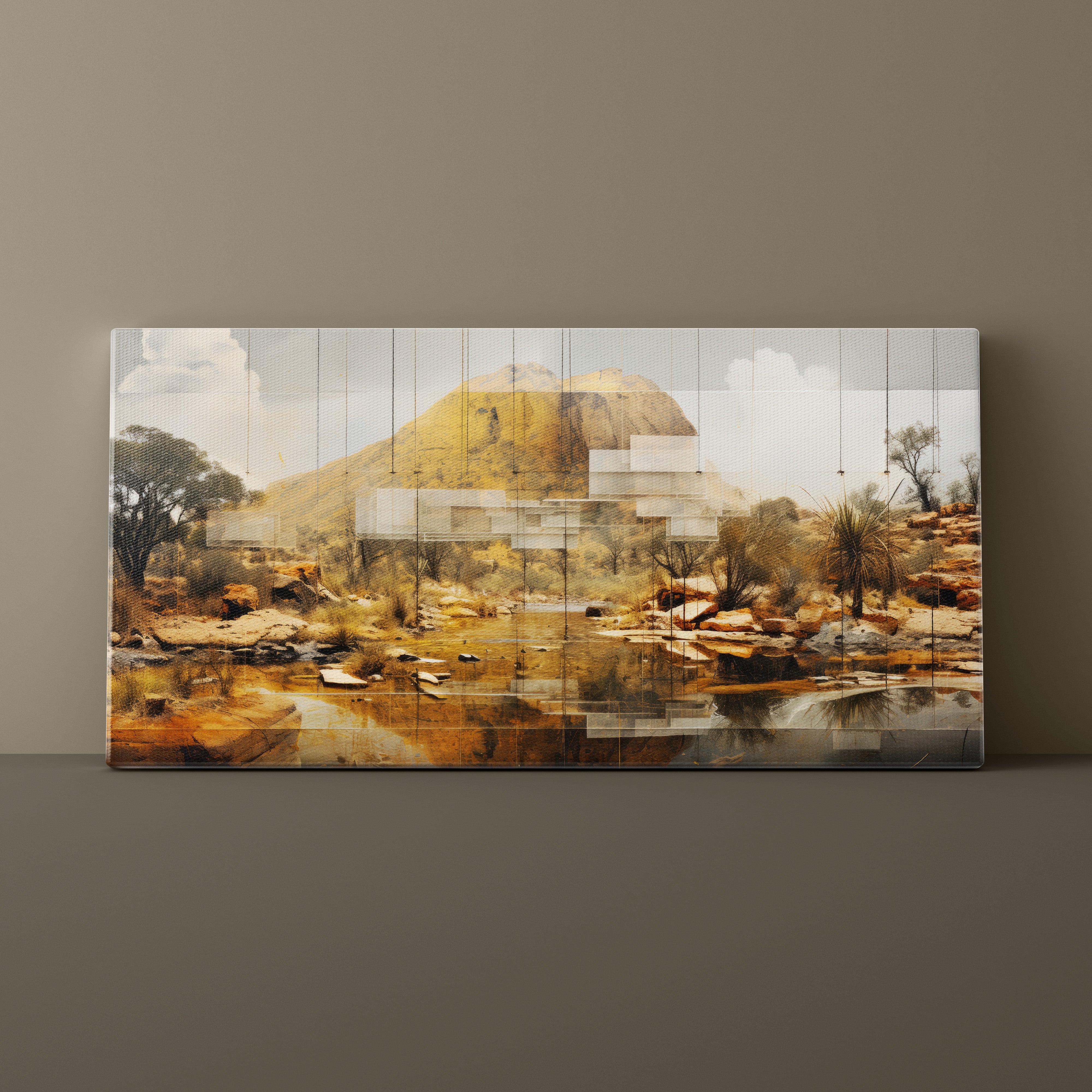 Multiframe artwork of a landscape with mountains and water on a brown wall.