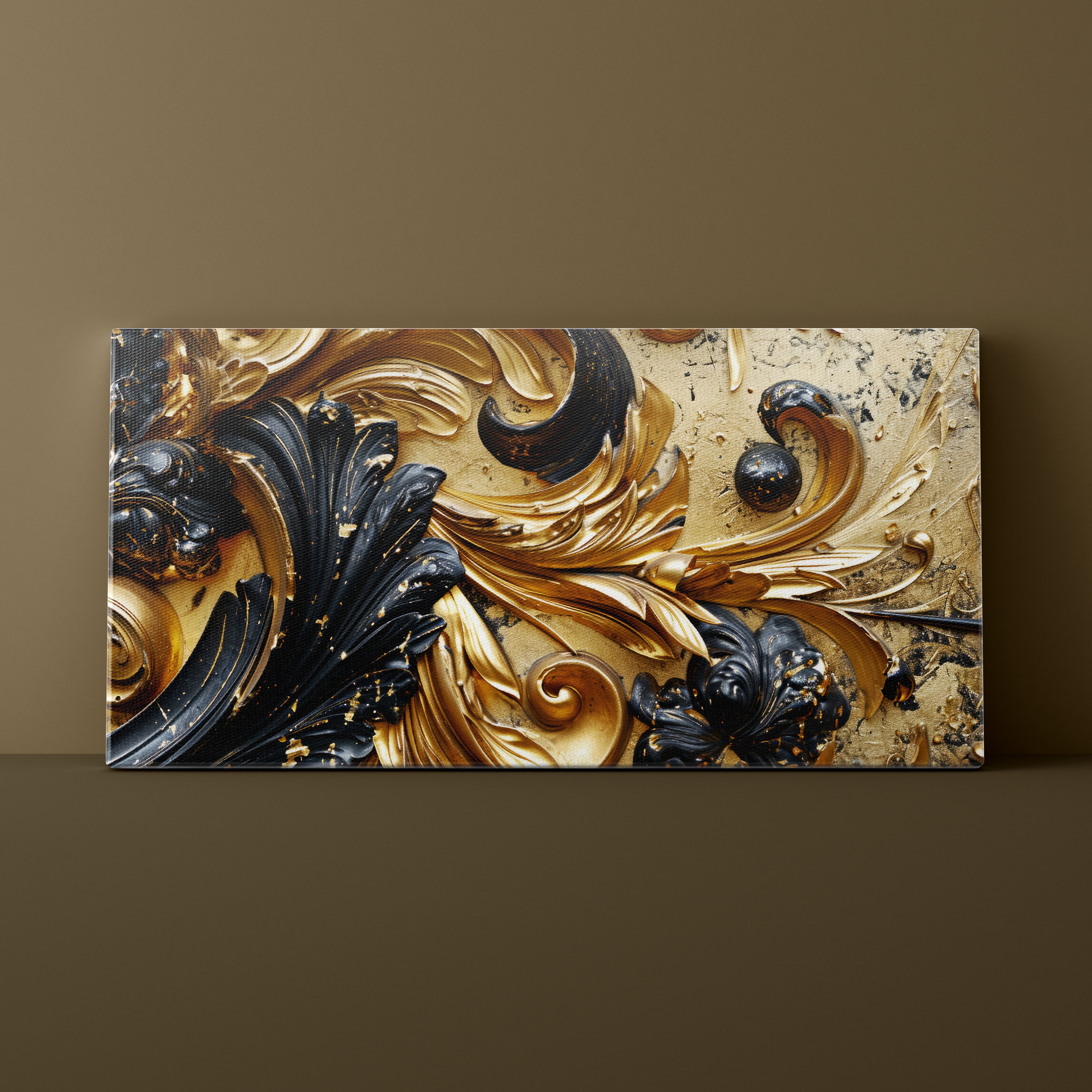 Decorative wall art with gold and black floral patterns on a brown background