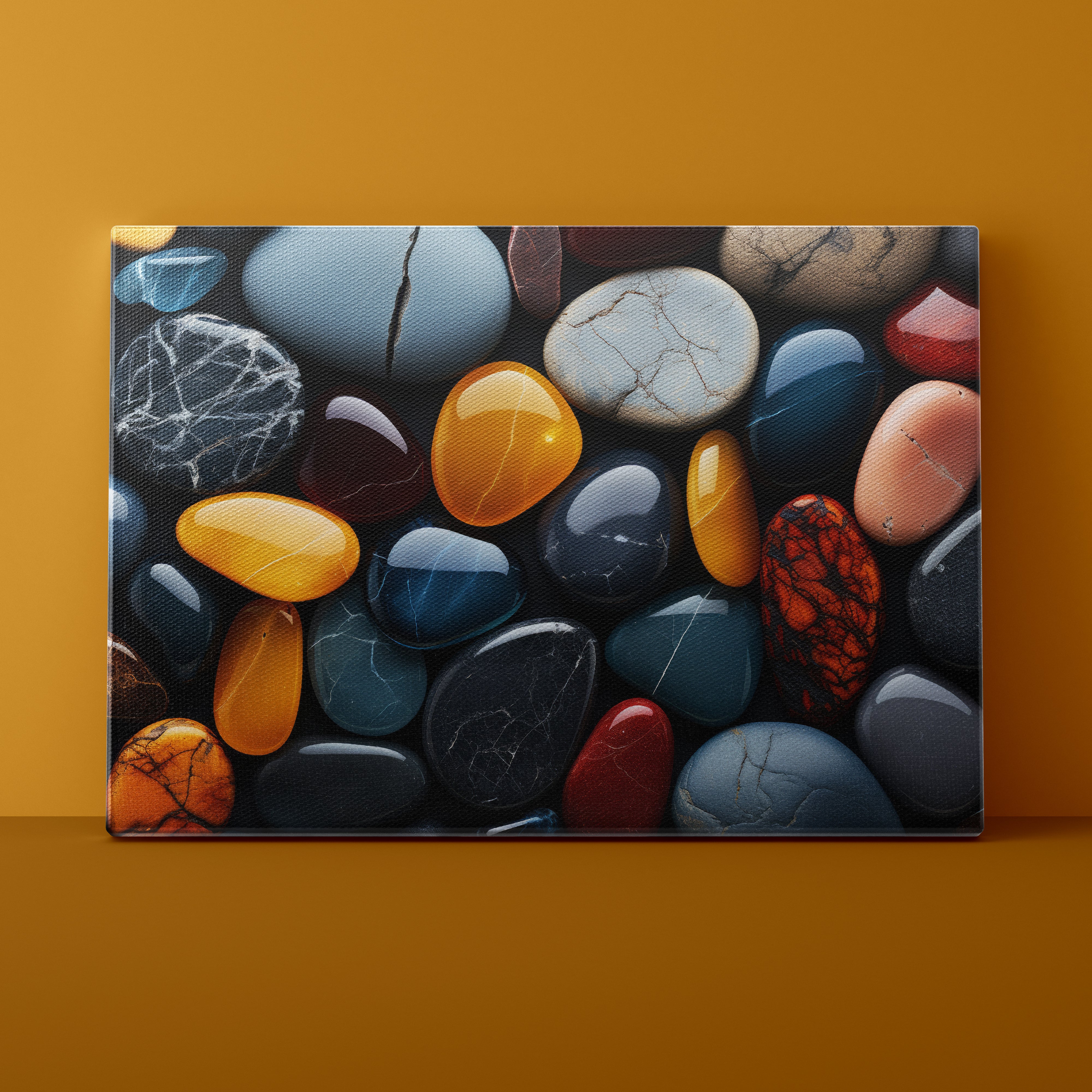 Canvas print of colorful pebbles against a yellow background