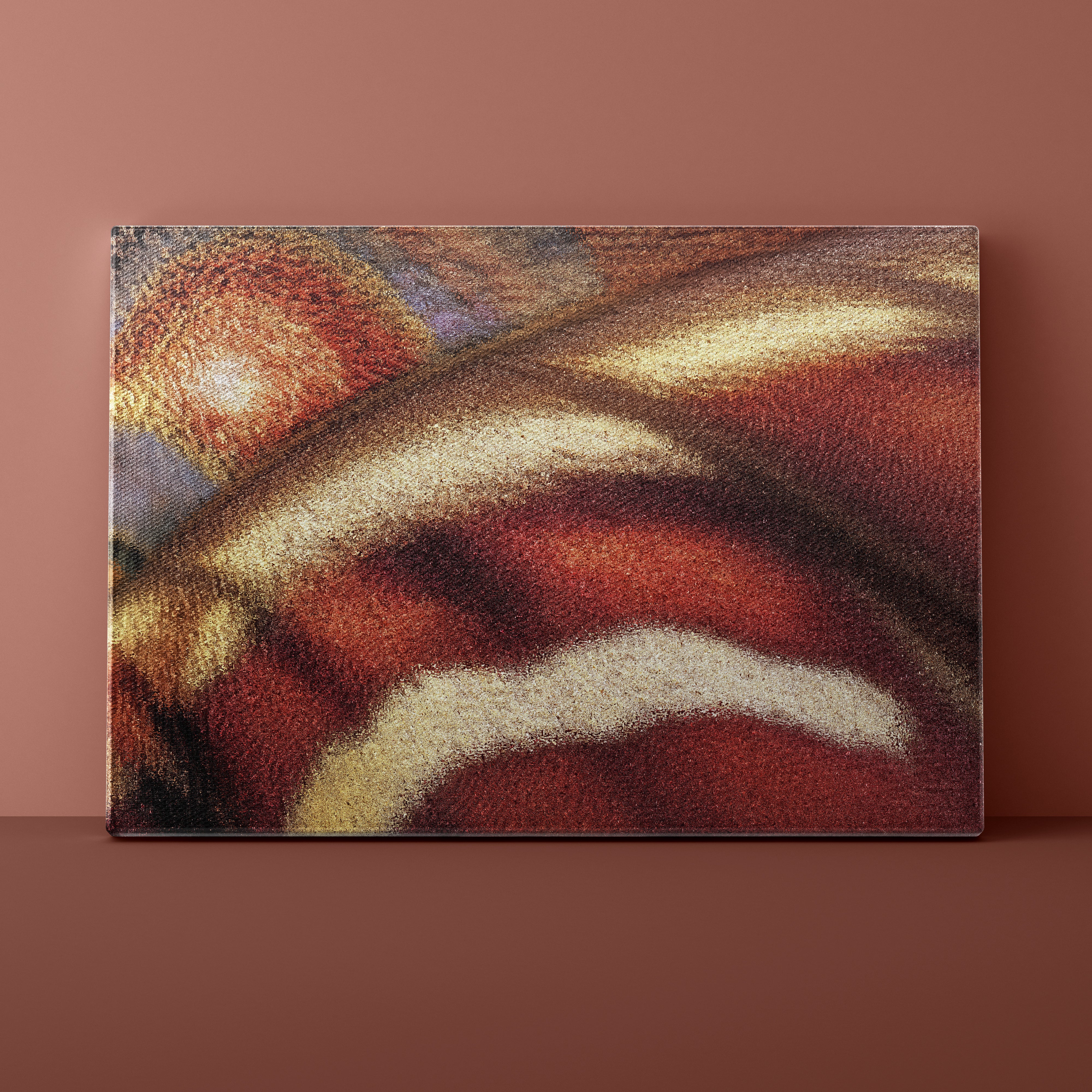 Abstract art piece with warm colors on a brown background