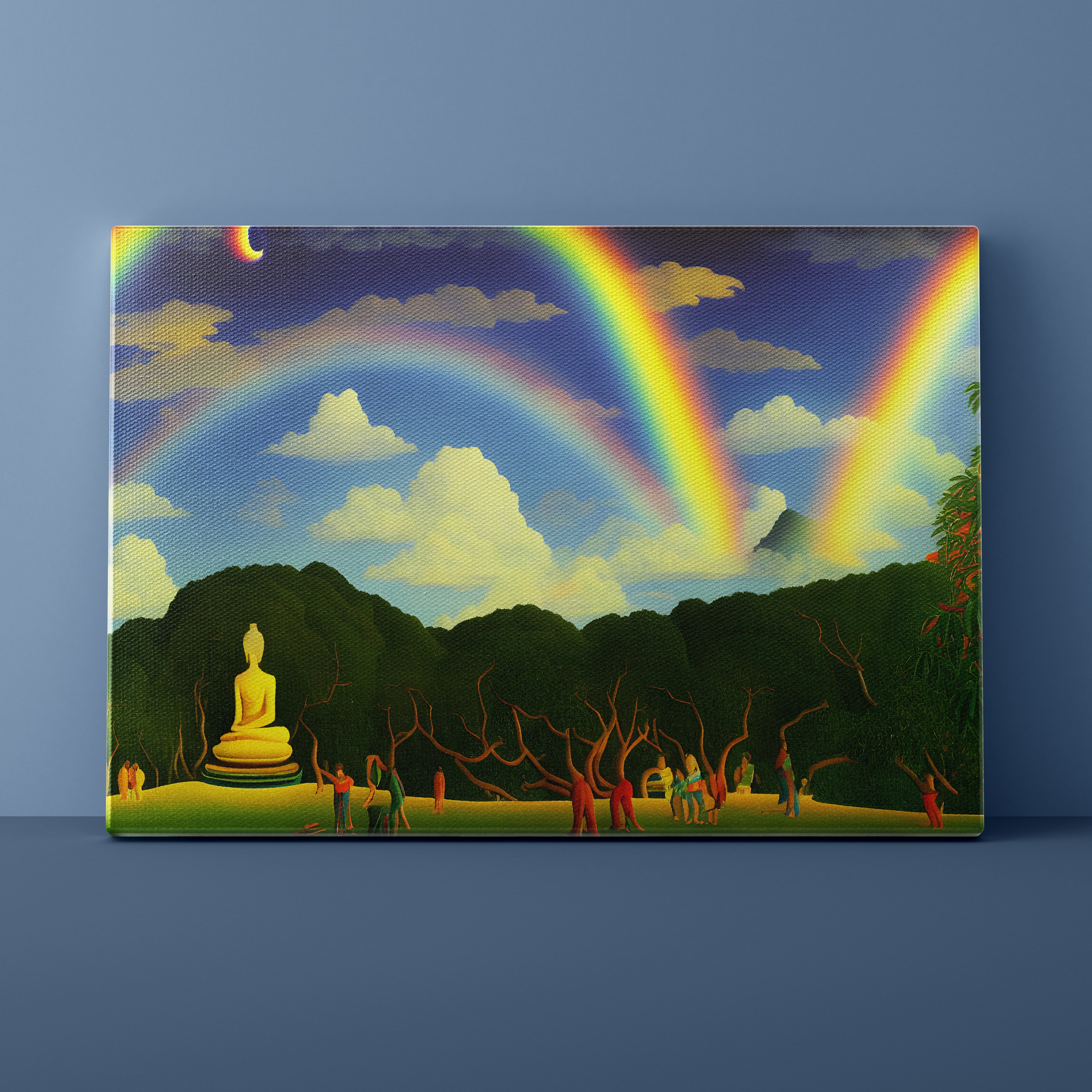 Statue of Buddha in a lush green landscape with multiple rainbows and a mountain in the background.