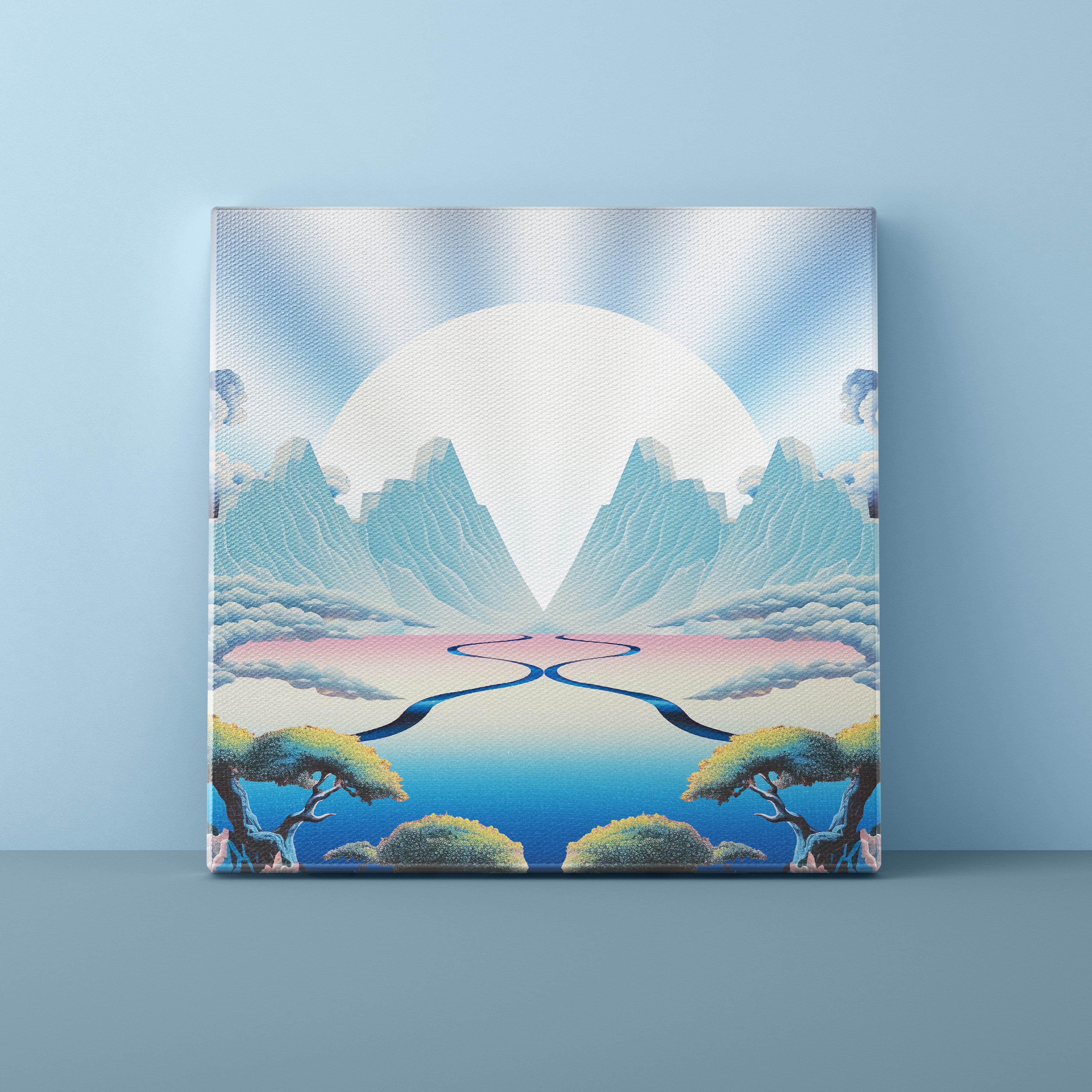 Canvas print of a mountain landscape with a large moon on a blue background