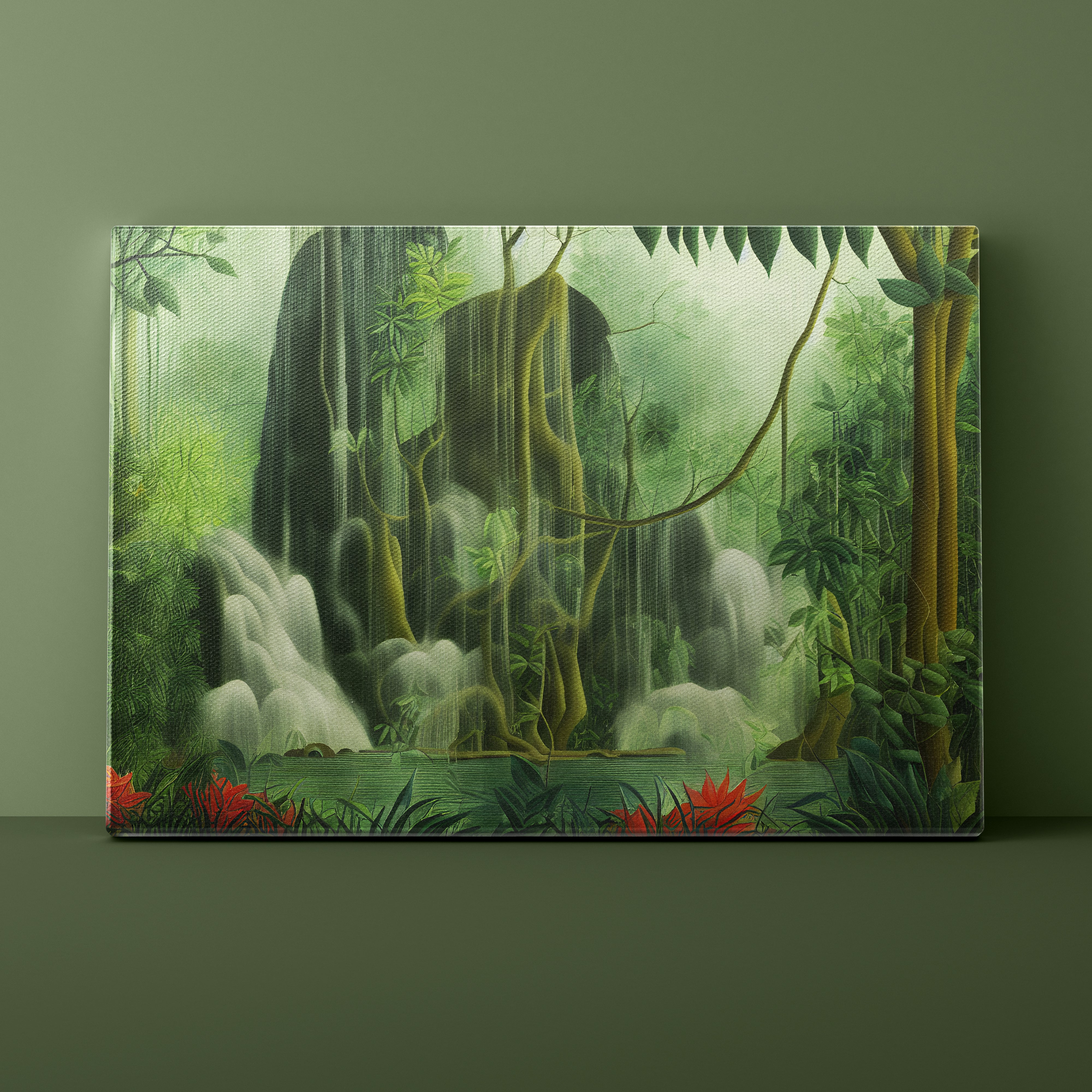 Vibrant jungle scene with a waterfall and lush greenery