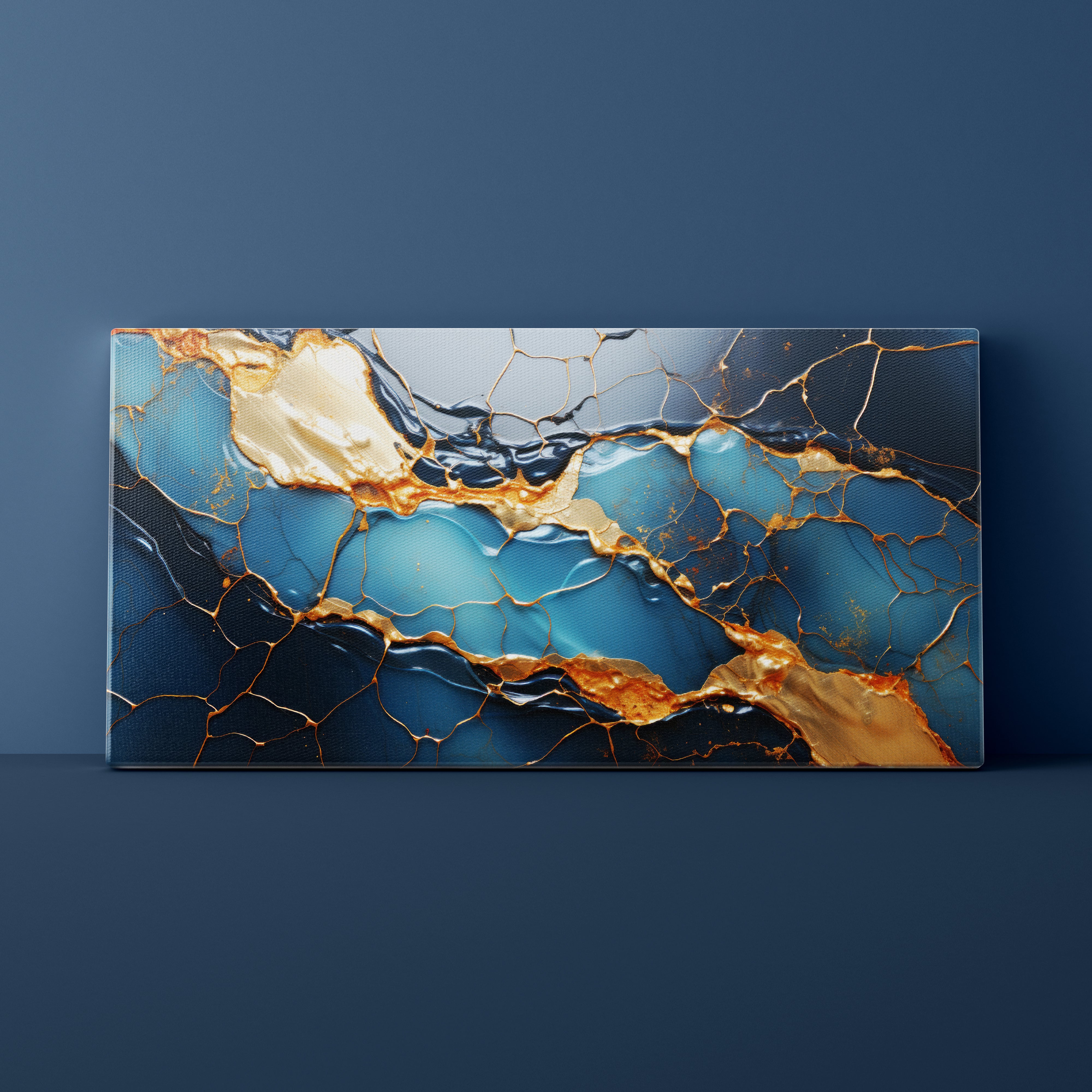 Abstract art piece with blue and gold patterns on a dark blue background