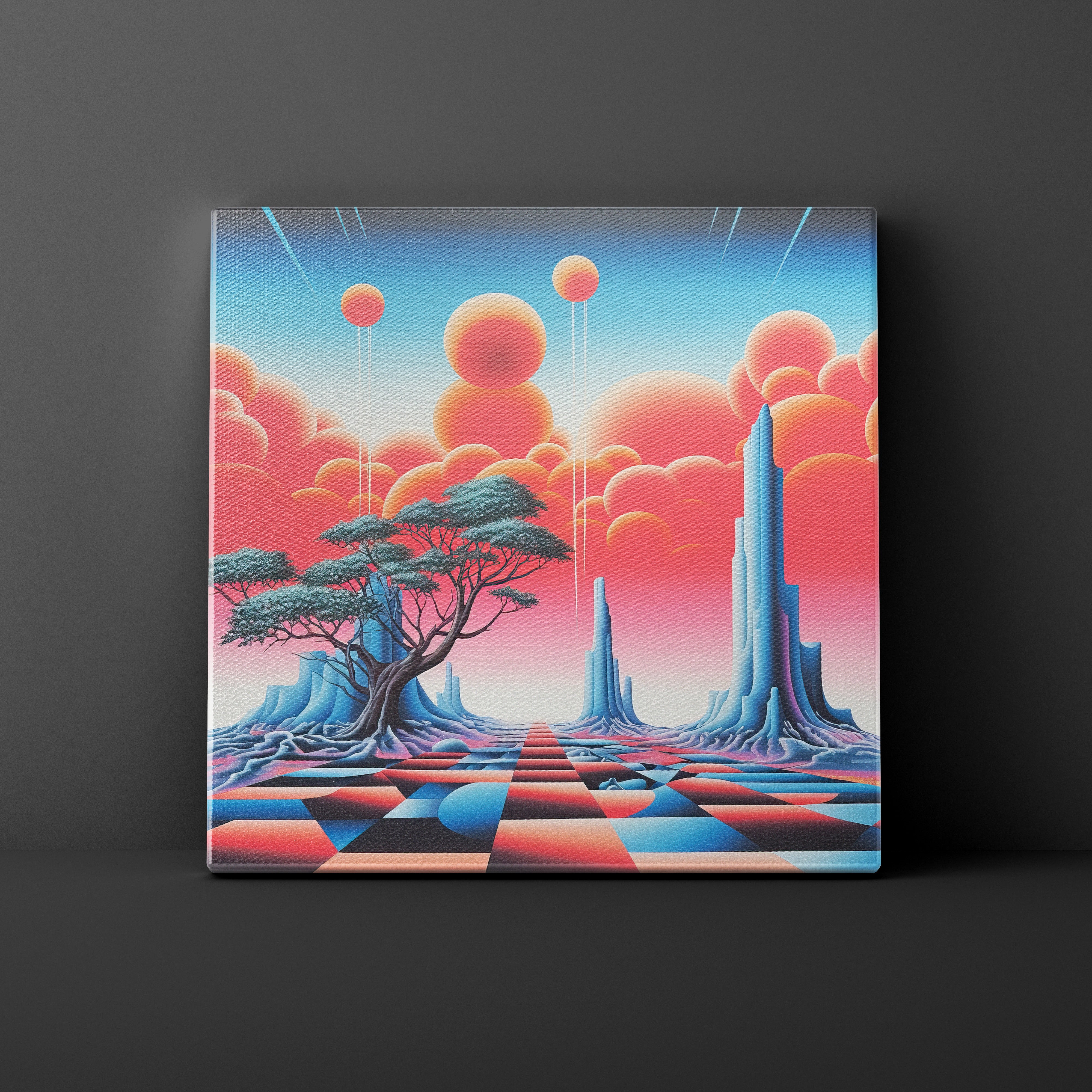 Futuristic landscape with trees, clouds, and geometric patterns on a dark background