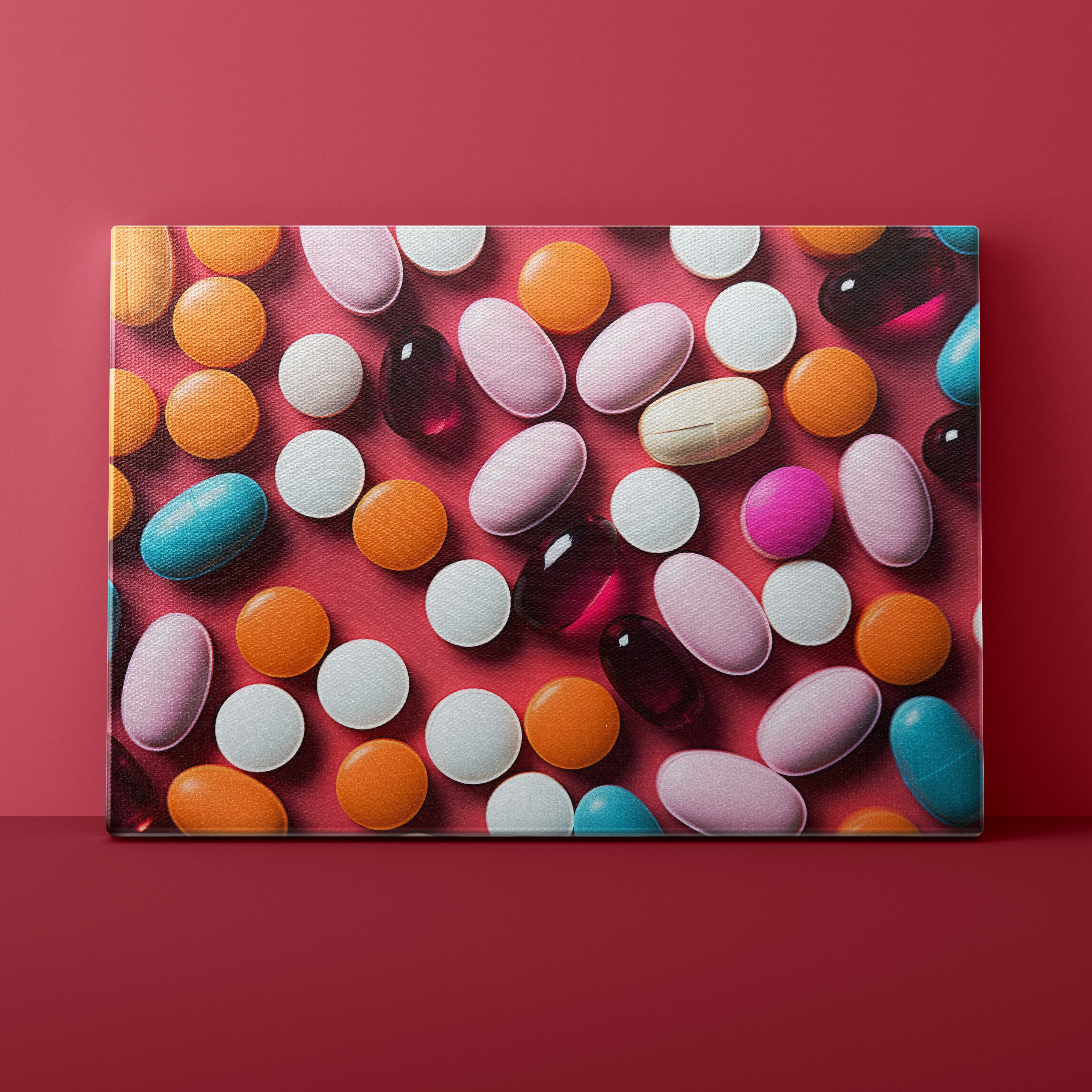Colorful assortment of pills on a red background
