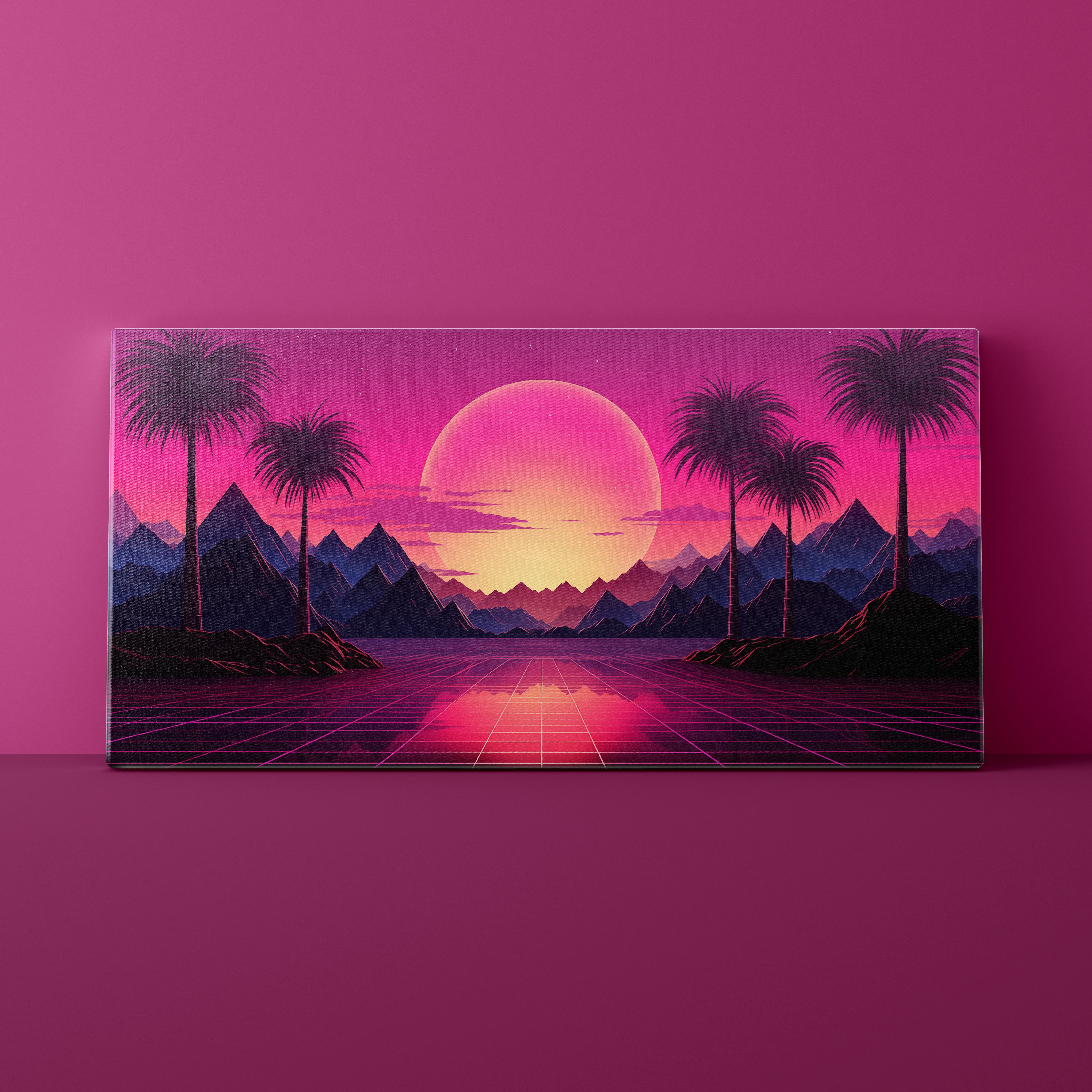 Futuristic landscape with palm trees, mountains, and a glowing sun on a pink background