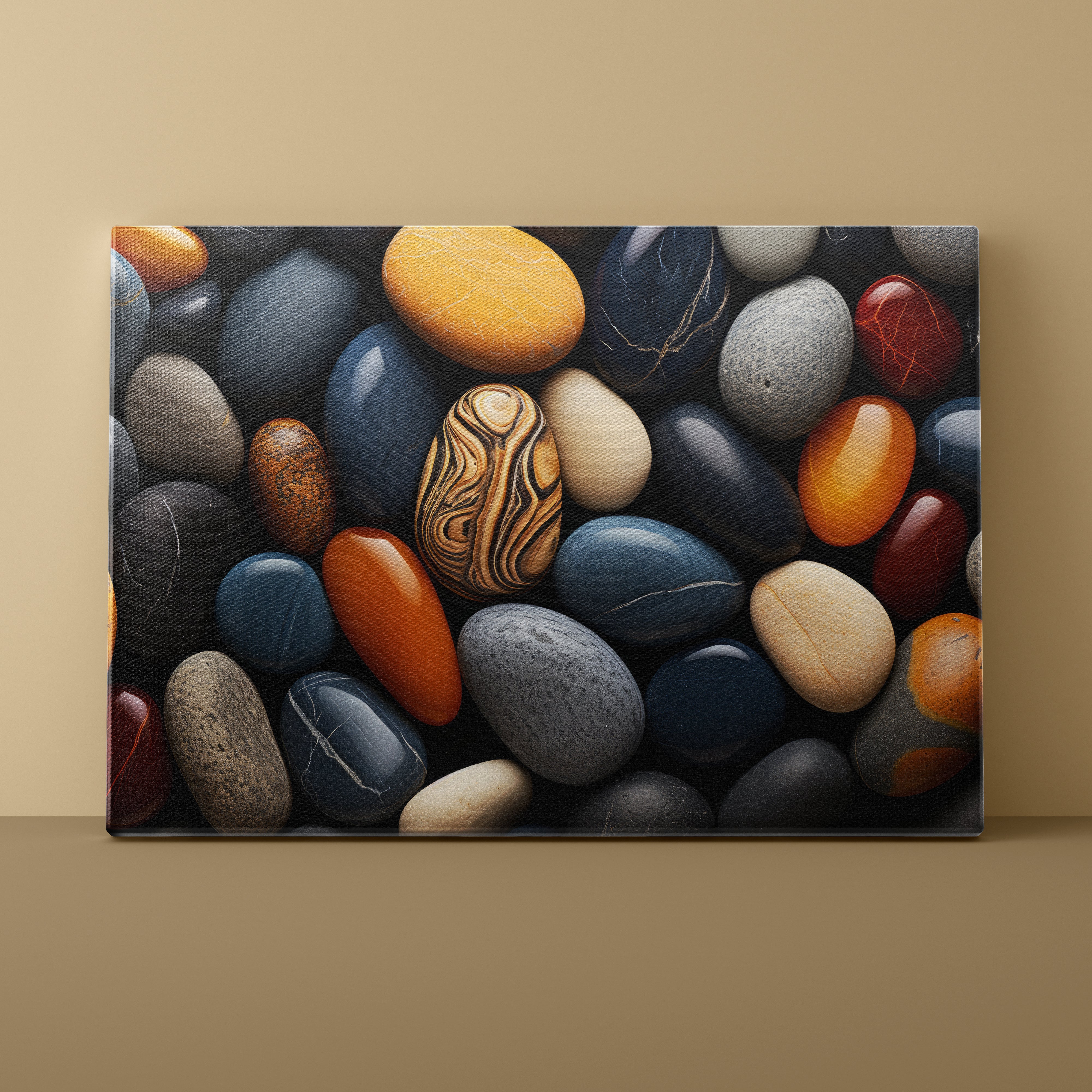 Canvas print of multicolored pebbles on a beige wall