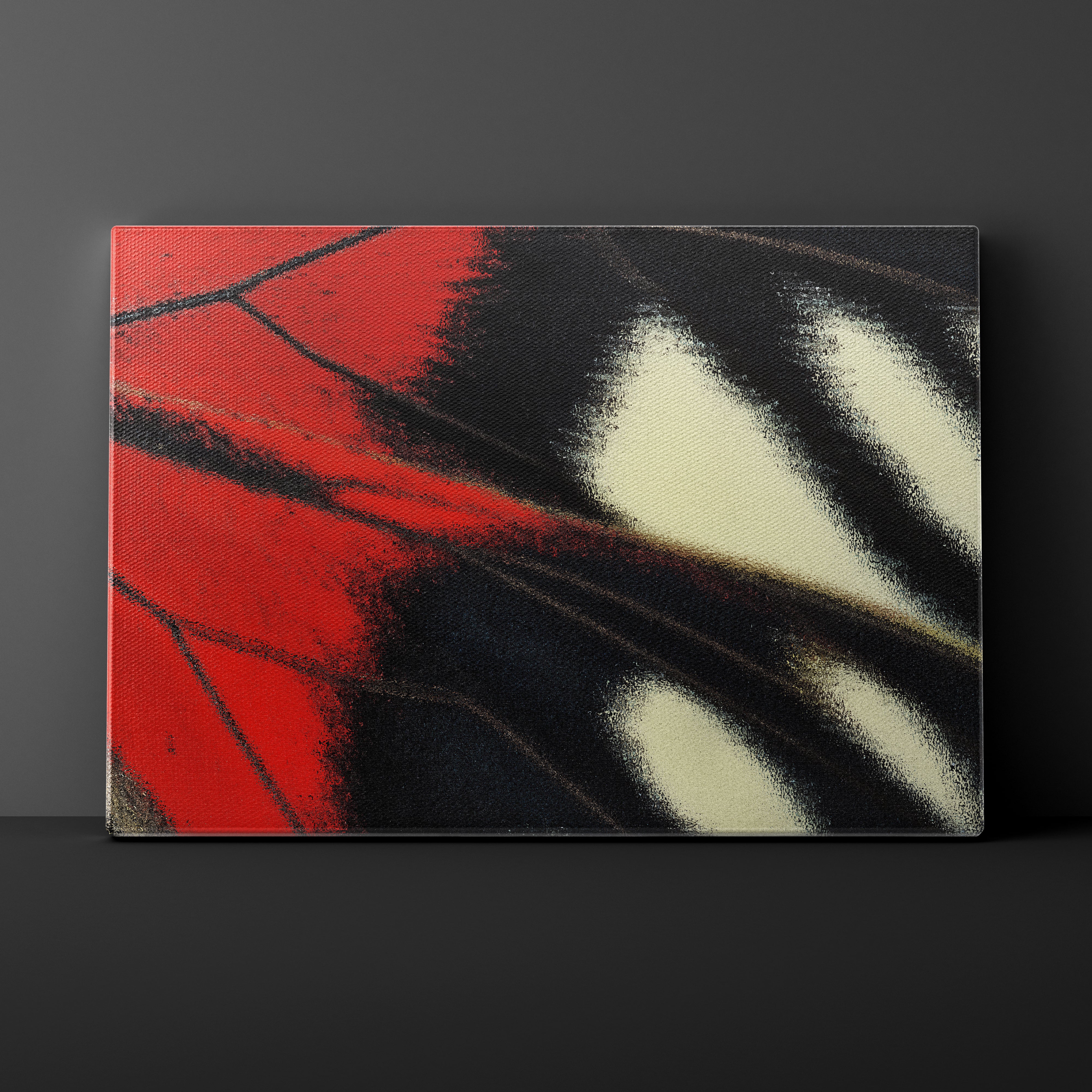 Abstract art piece with red, black, and white colors on a dark background