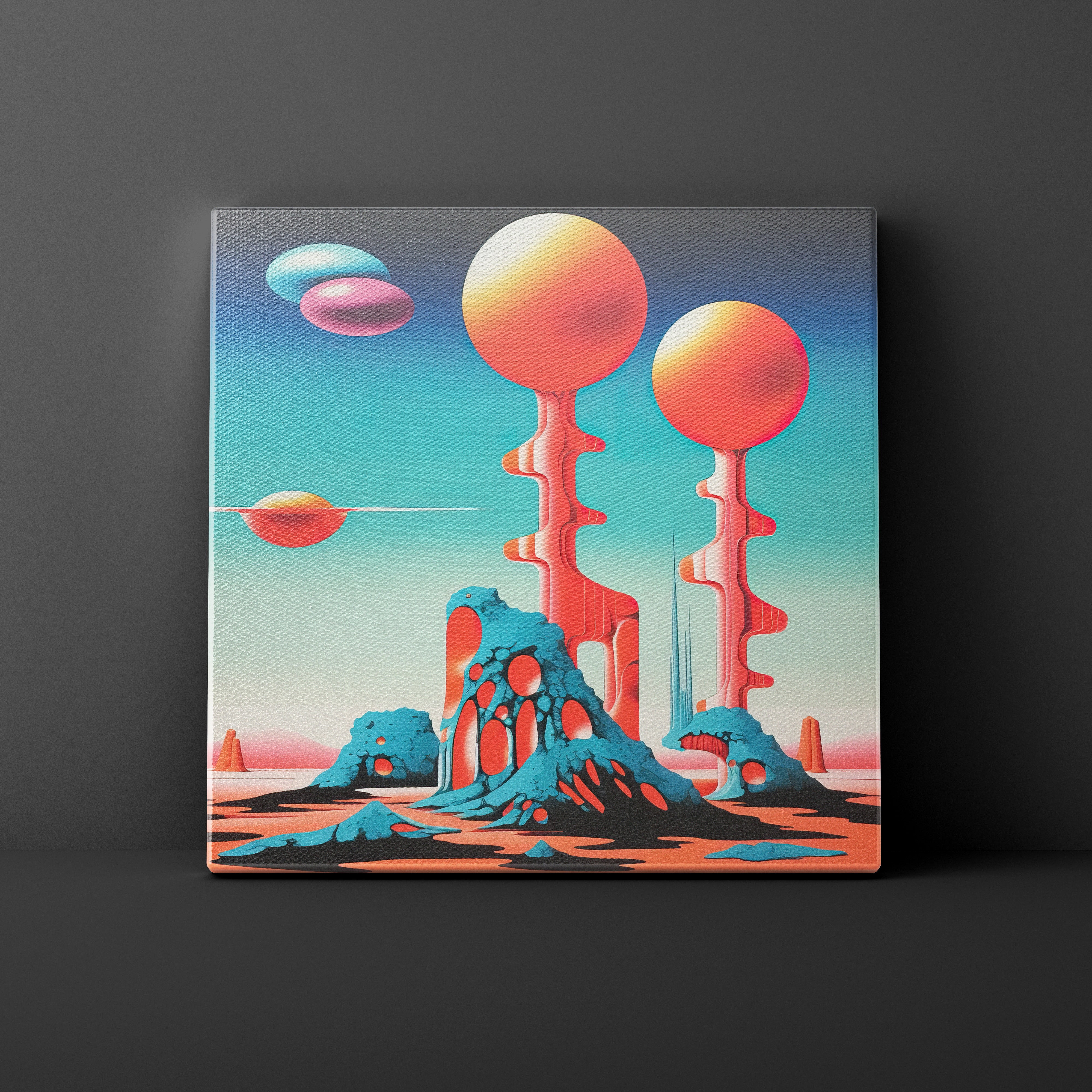 Canvas print with a futuristic landscape featuring colorful spheres and structures on a dark background