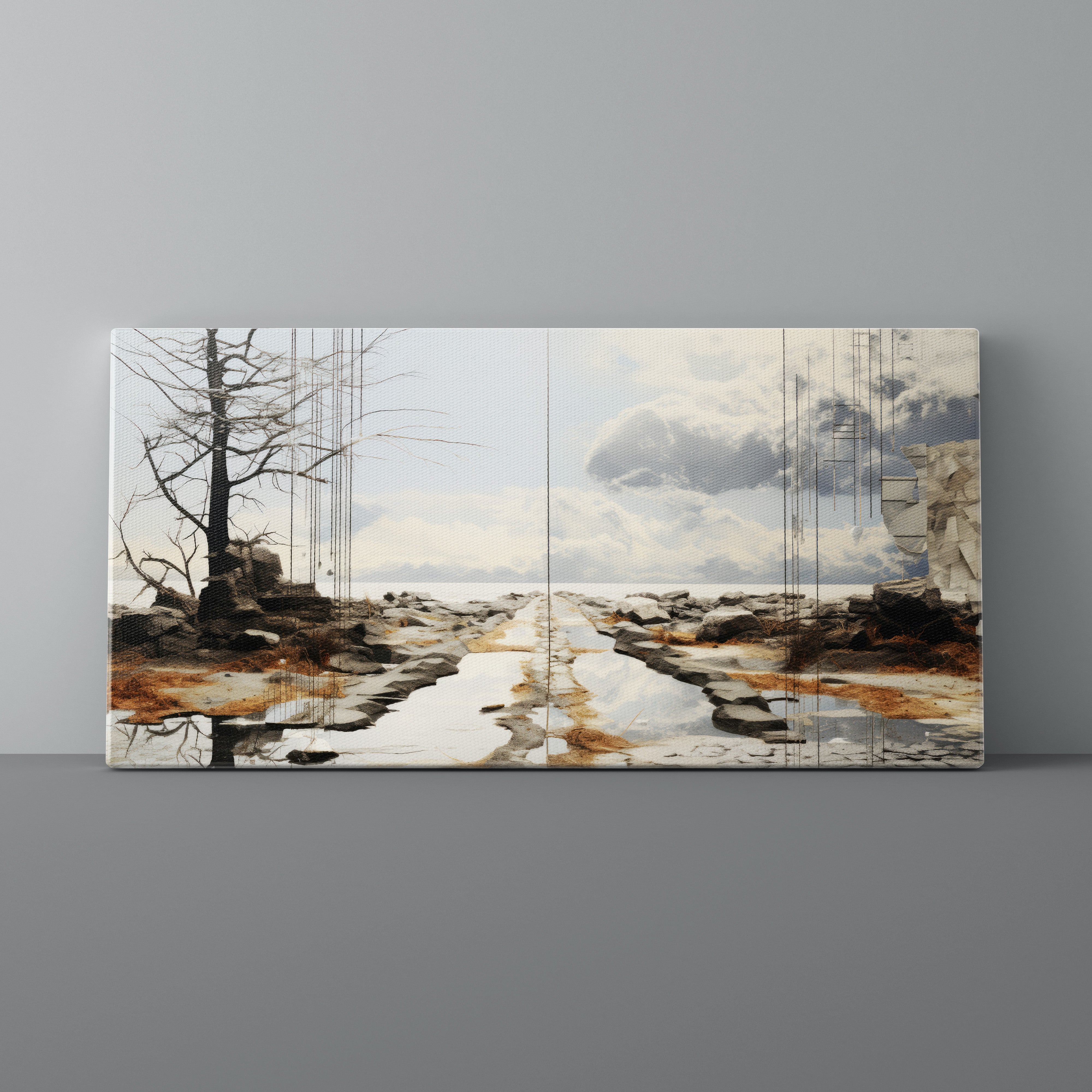 Multiframe artwork of a landscape with trees, rocks, and clouds on a gray wall.