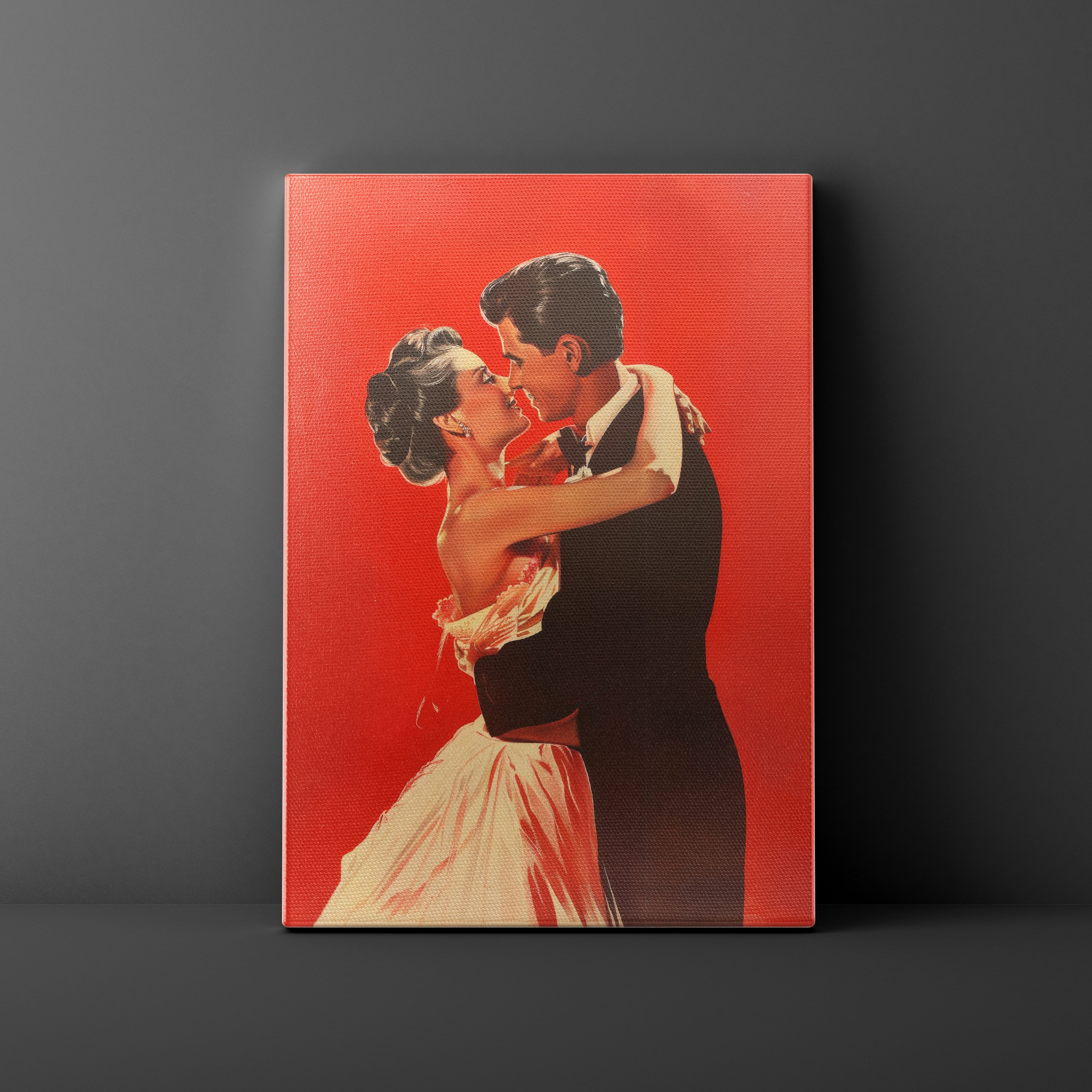 Canvas print of a romantic illustration of a couple on a red background