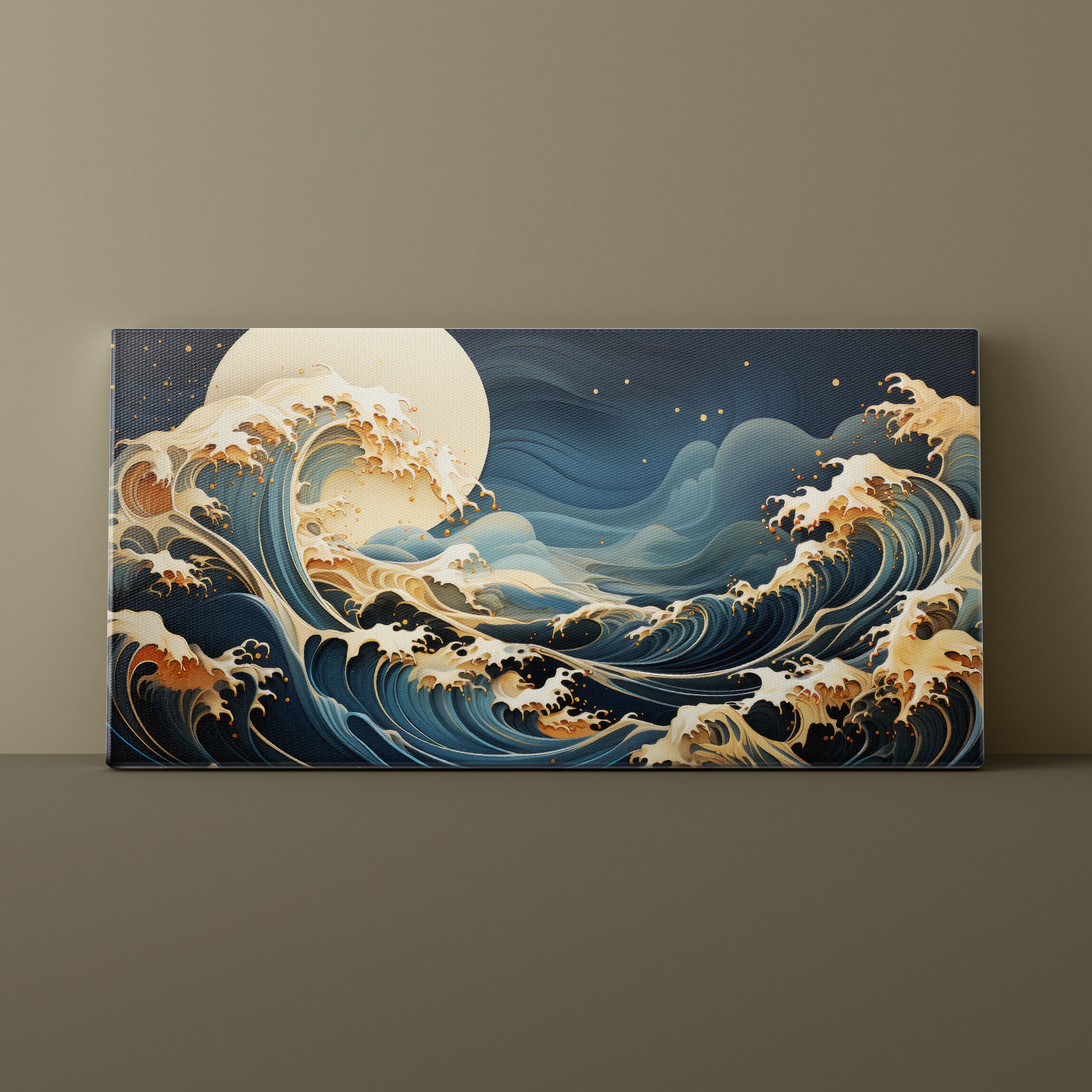 Canvas print of a stylized wave design on a brown wall