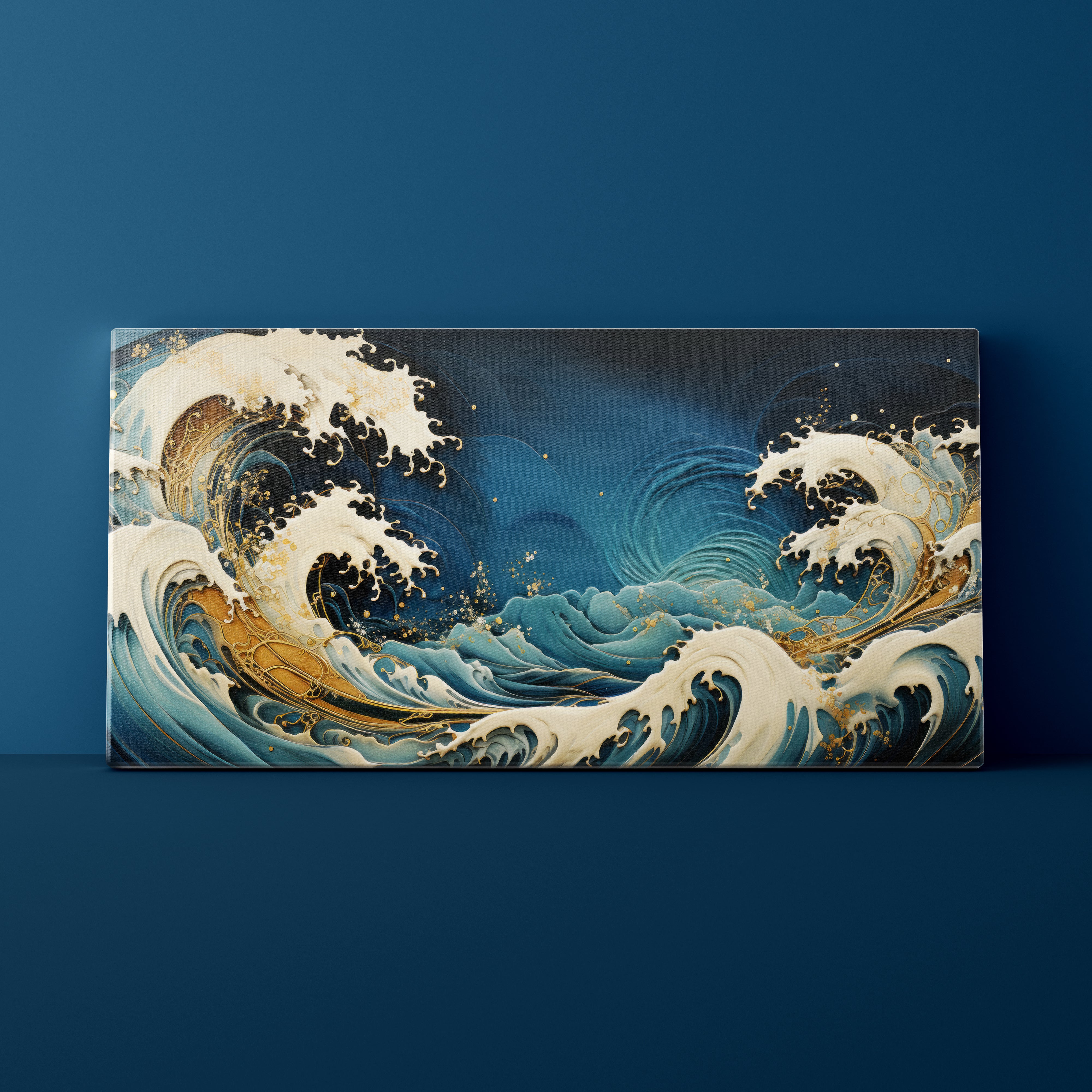 Canvas print of a wave design on a blue wall