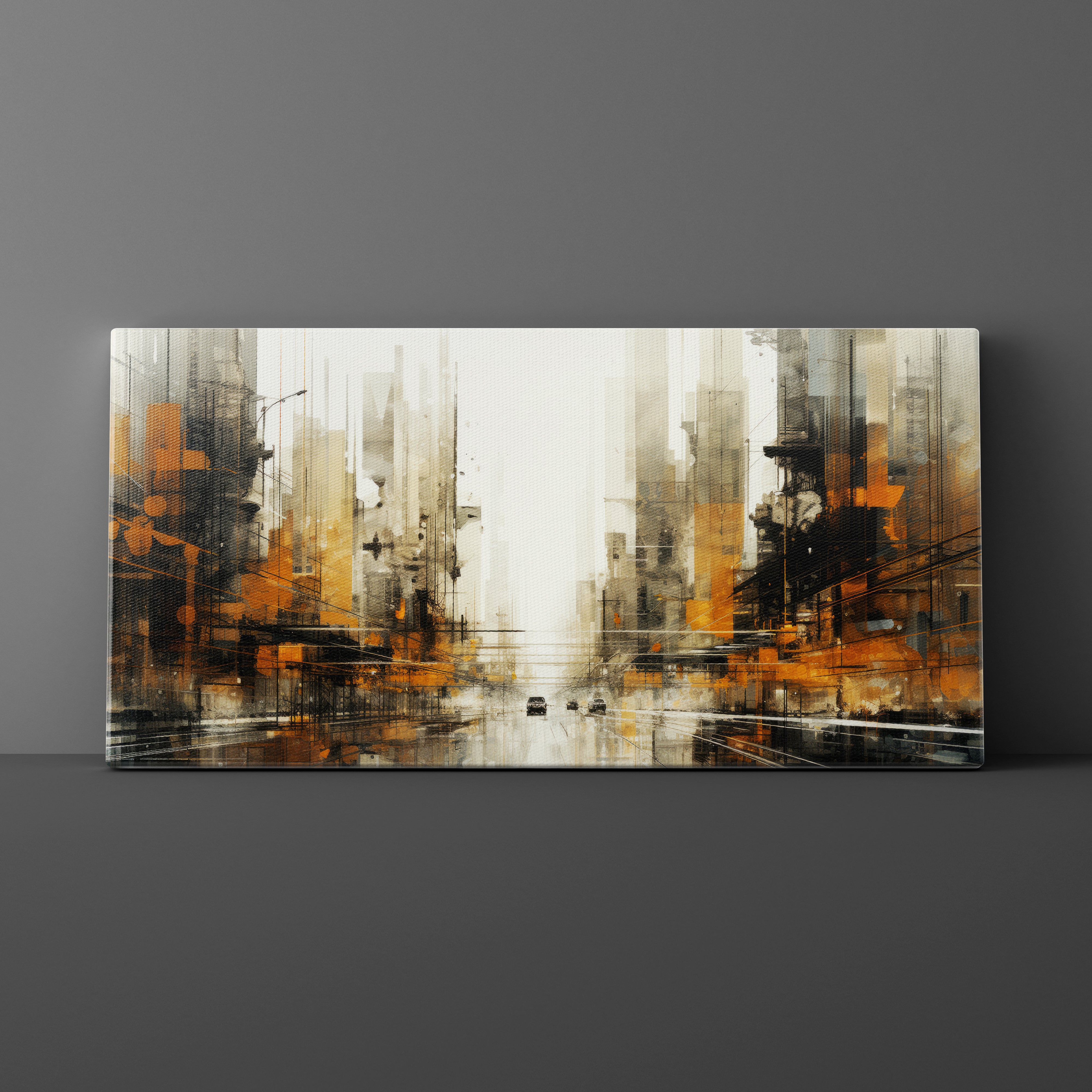Abstract art painting with orange, black, and white colors on a gray background