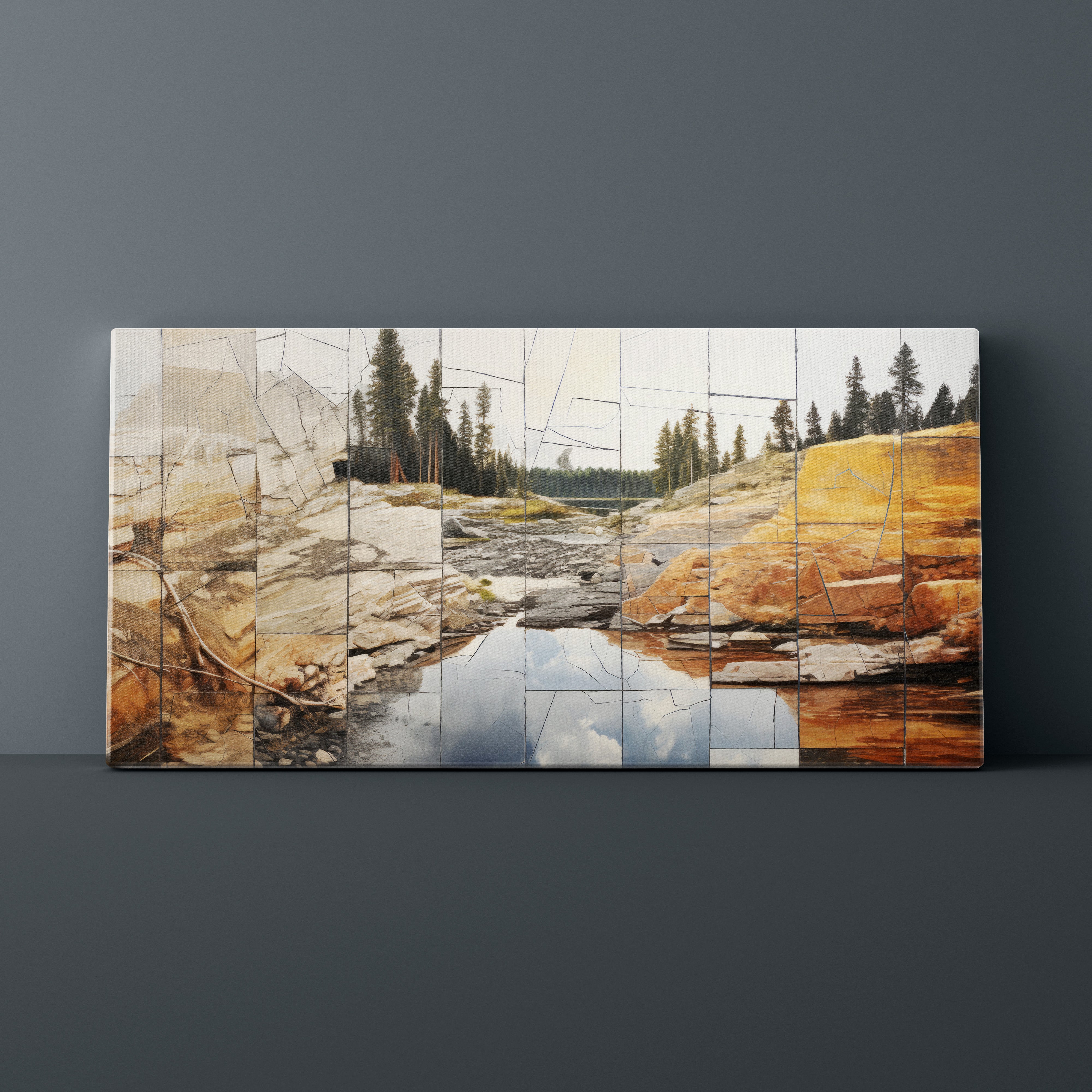 Artistic mosaic of a natural landscape with rocks and trees on a dark gray background