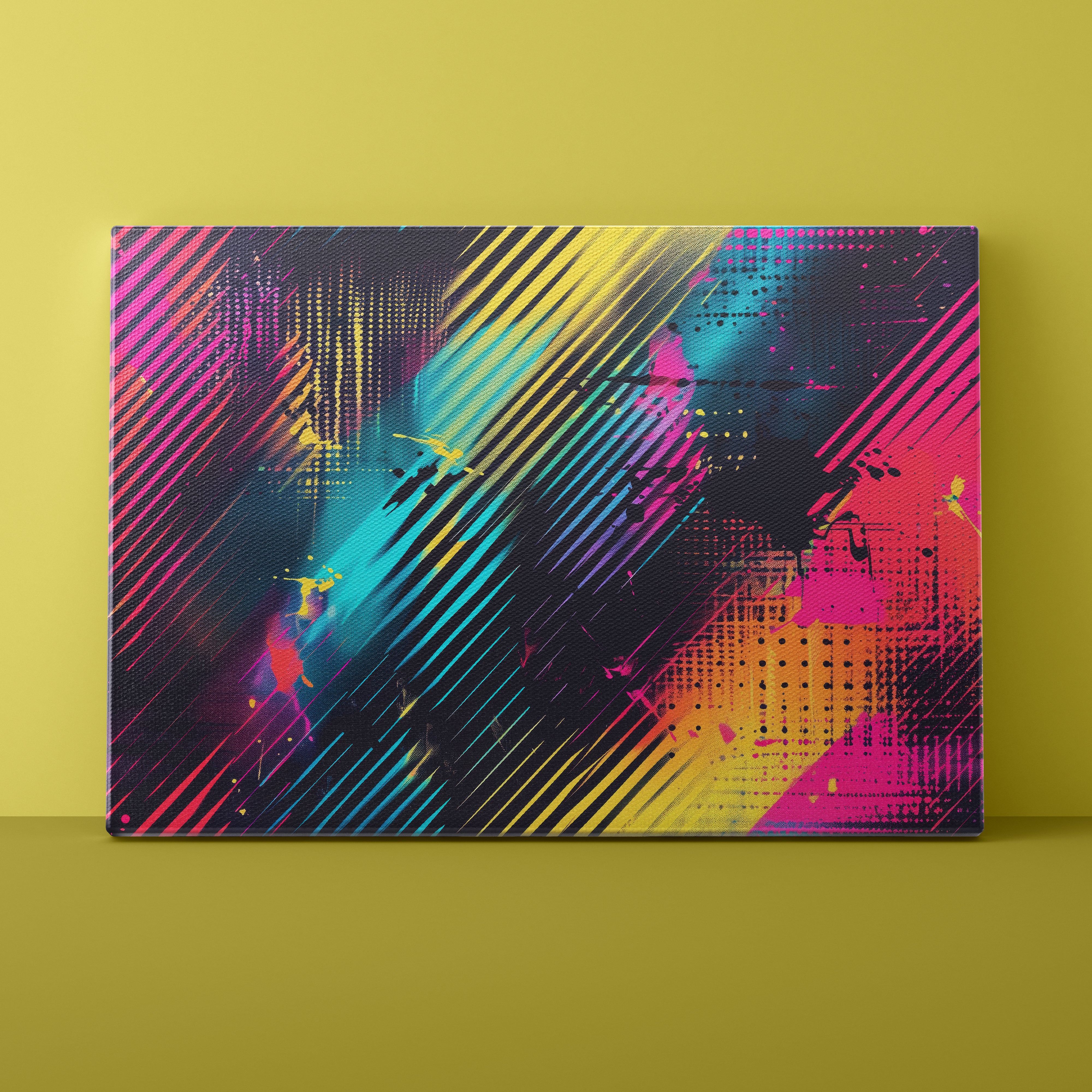 Abstract multicolored artwork on a yellow background