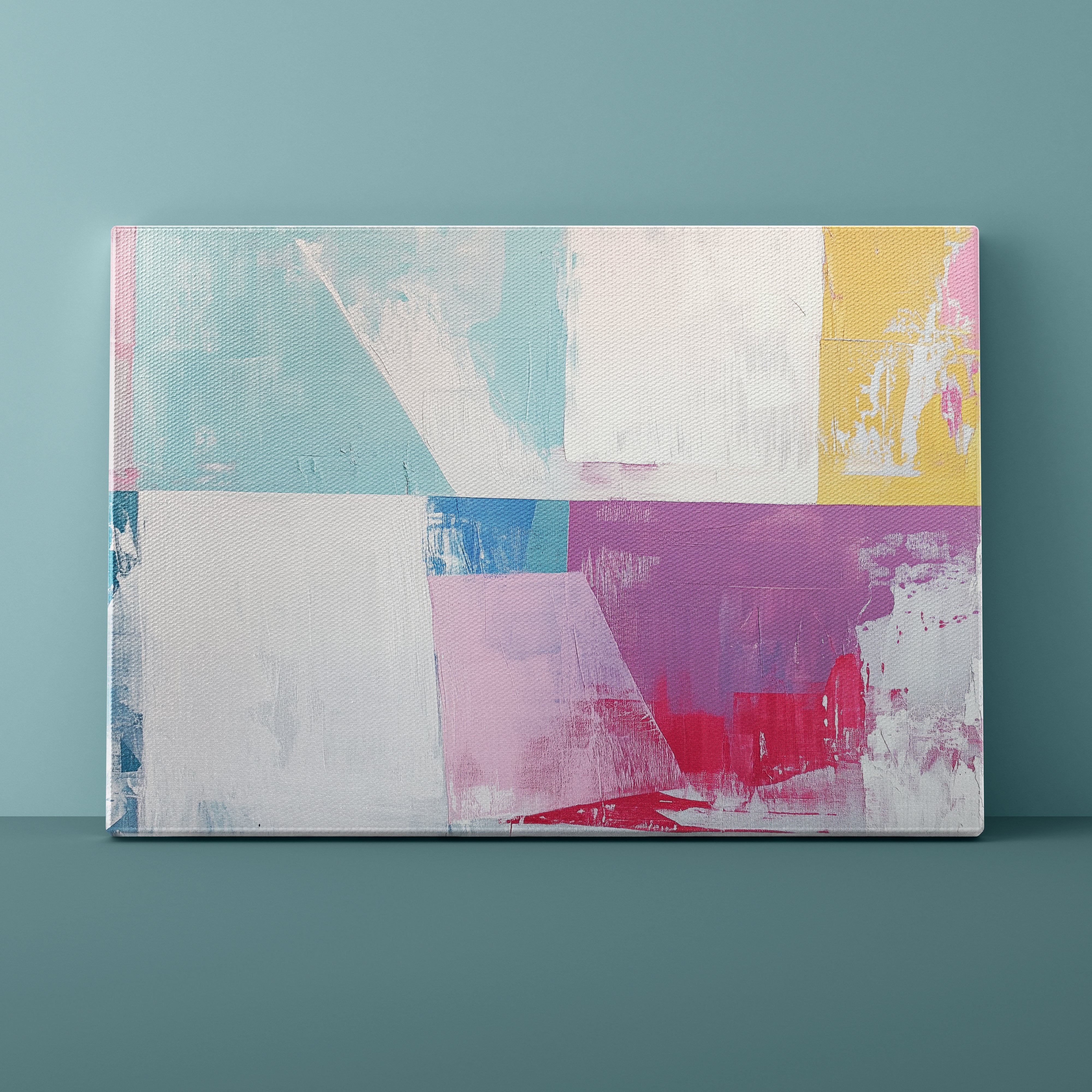 Abstract art canvas with colorful geometric design on a teal background