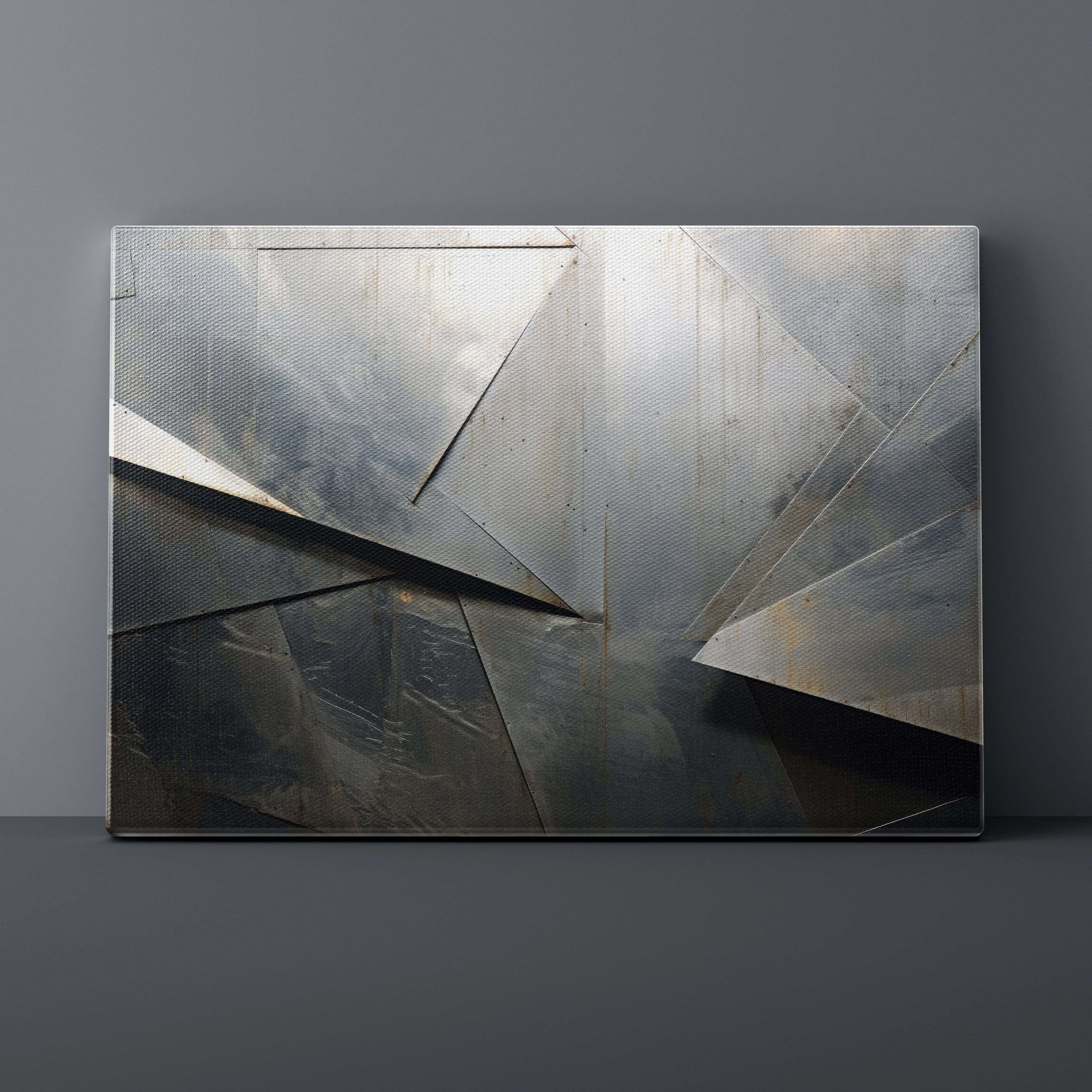Abstract geometric art piece on a gray wall