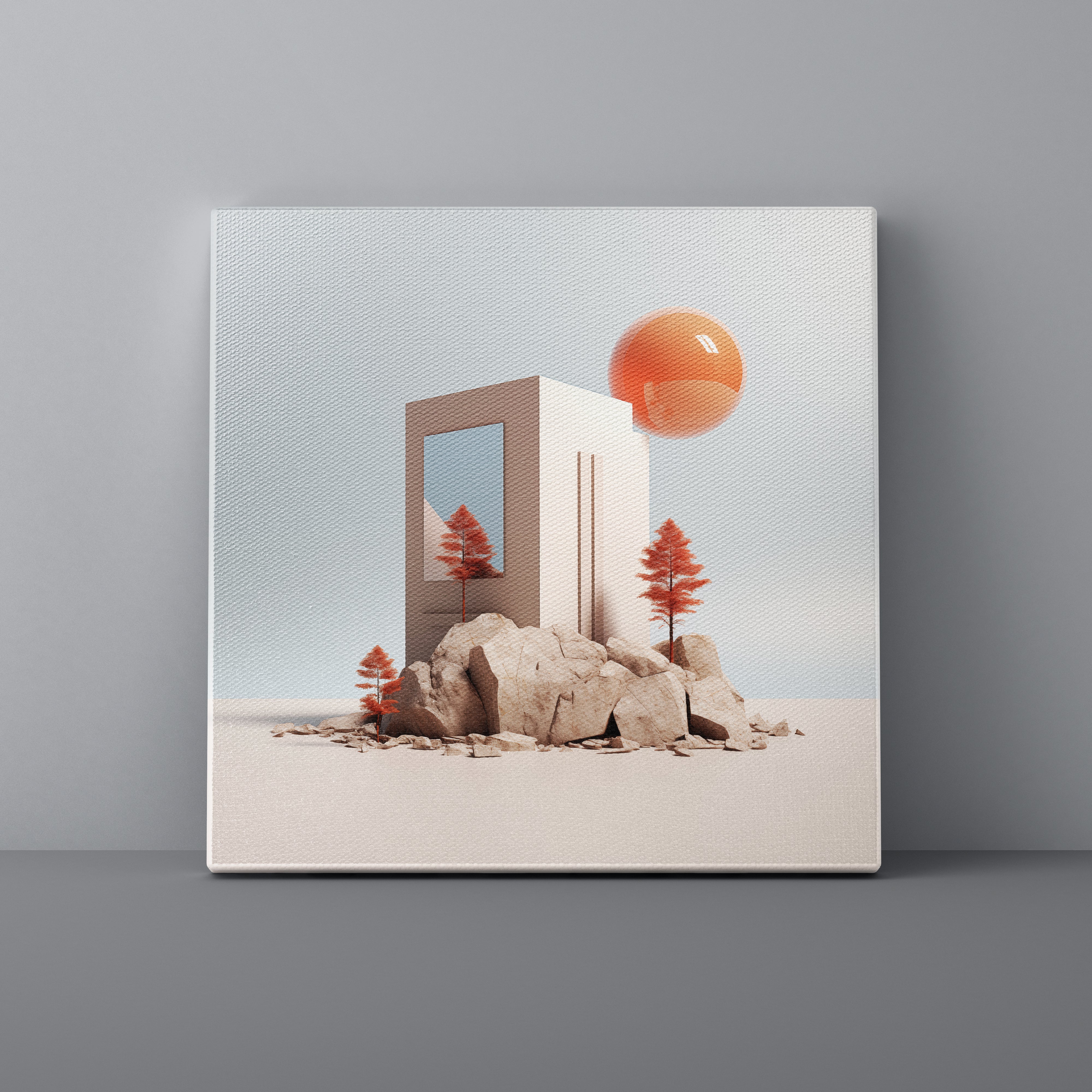 Canvas print of a modern architectural scene with trees and a large orange sphere on a gray wall.