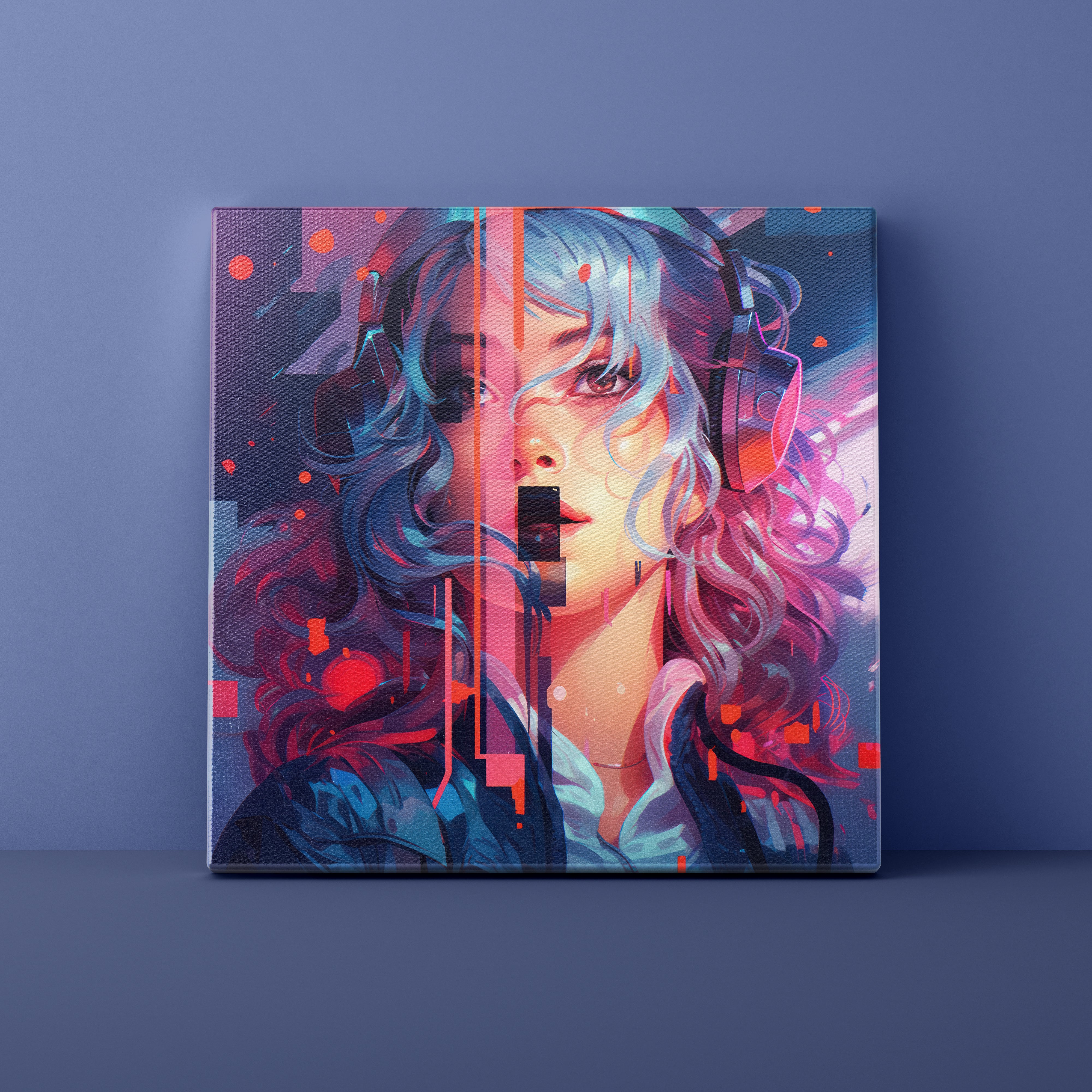 Canvas print of a stylized digital art portrait with vibrant colors on a dark blue background