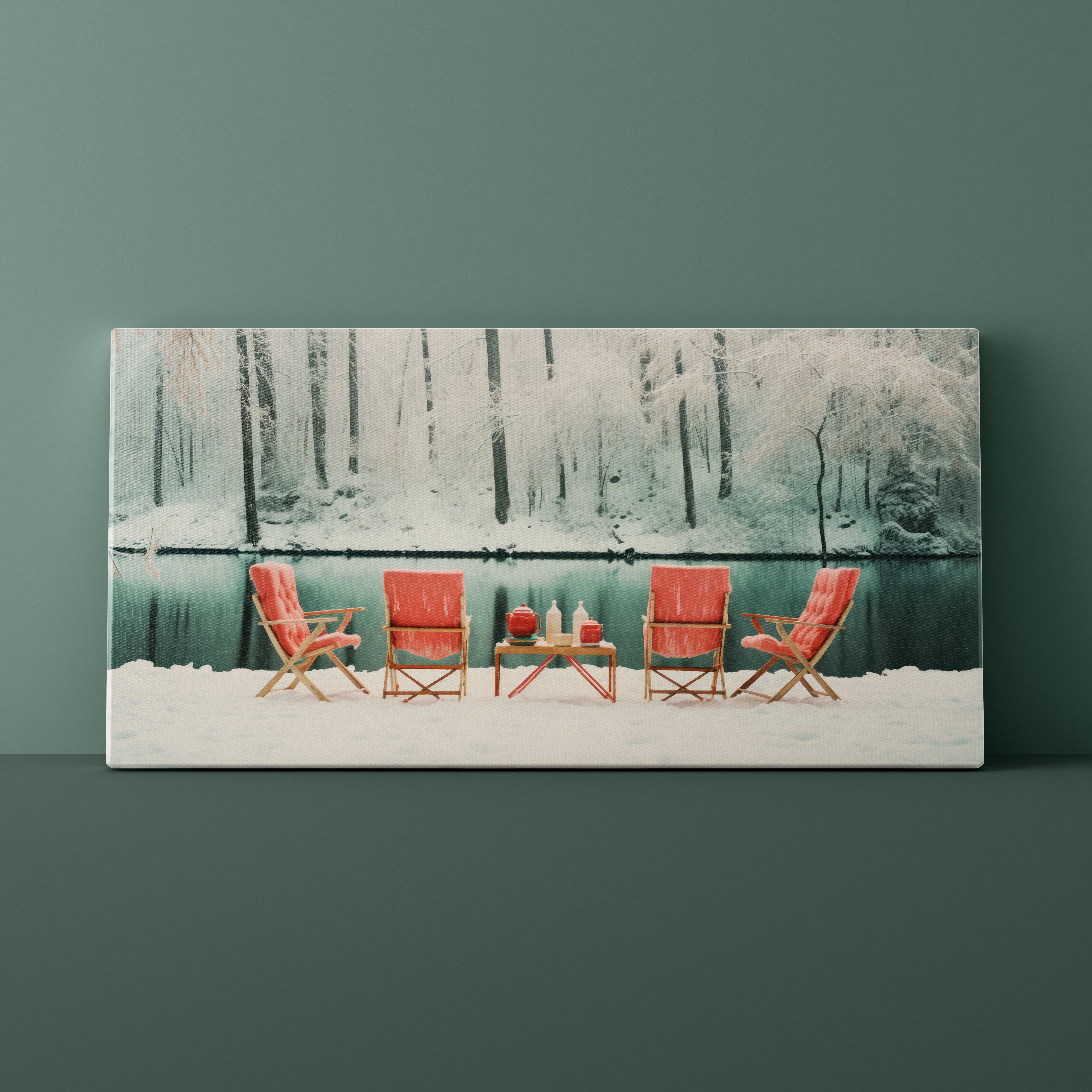 Canvas print of a snowy landscape with chairs and a table by a lake.