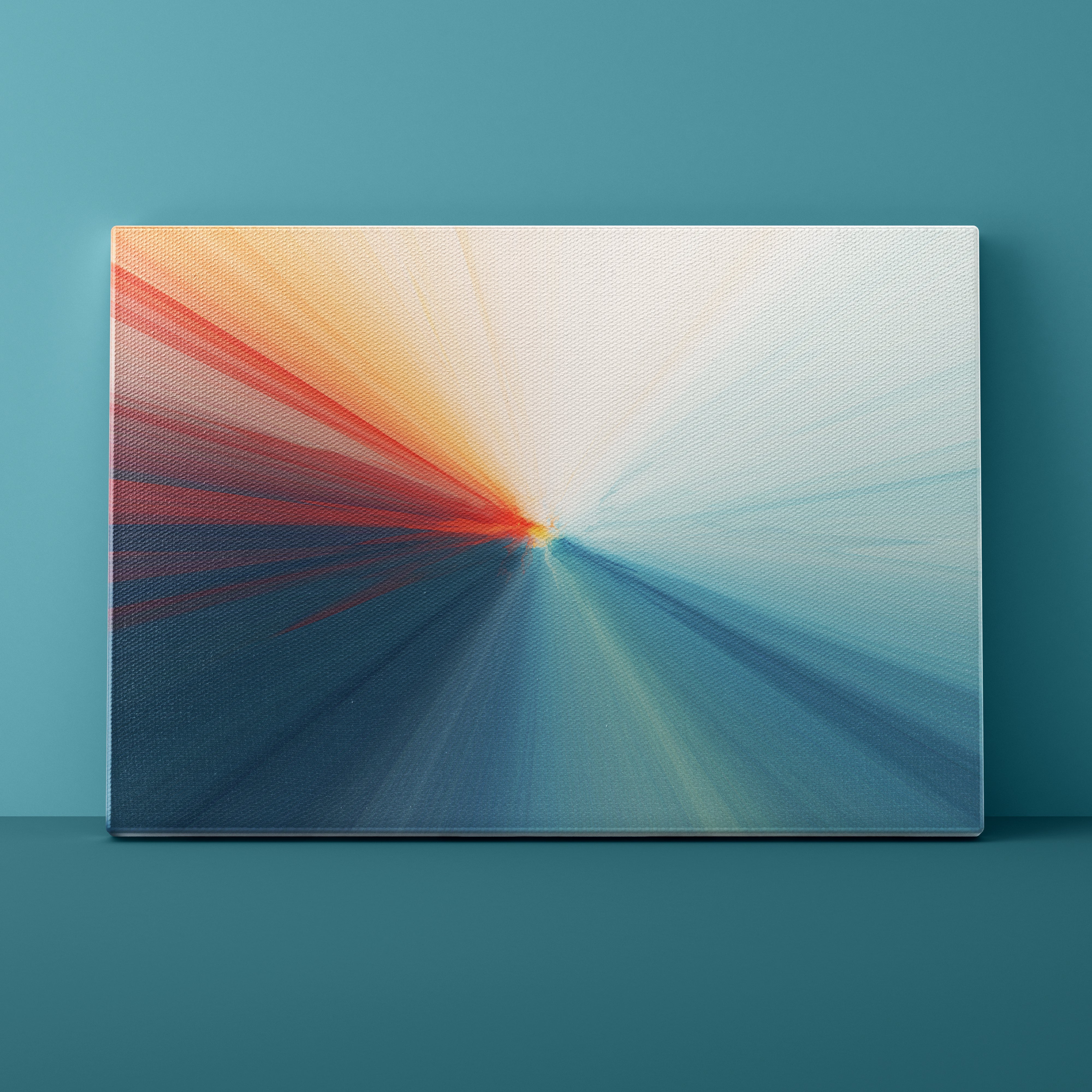 Abstract artwork with a gradient of colors on a teal background