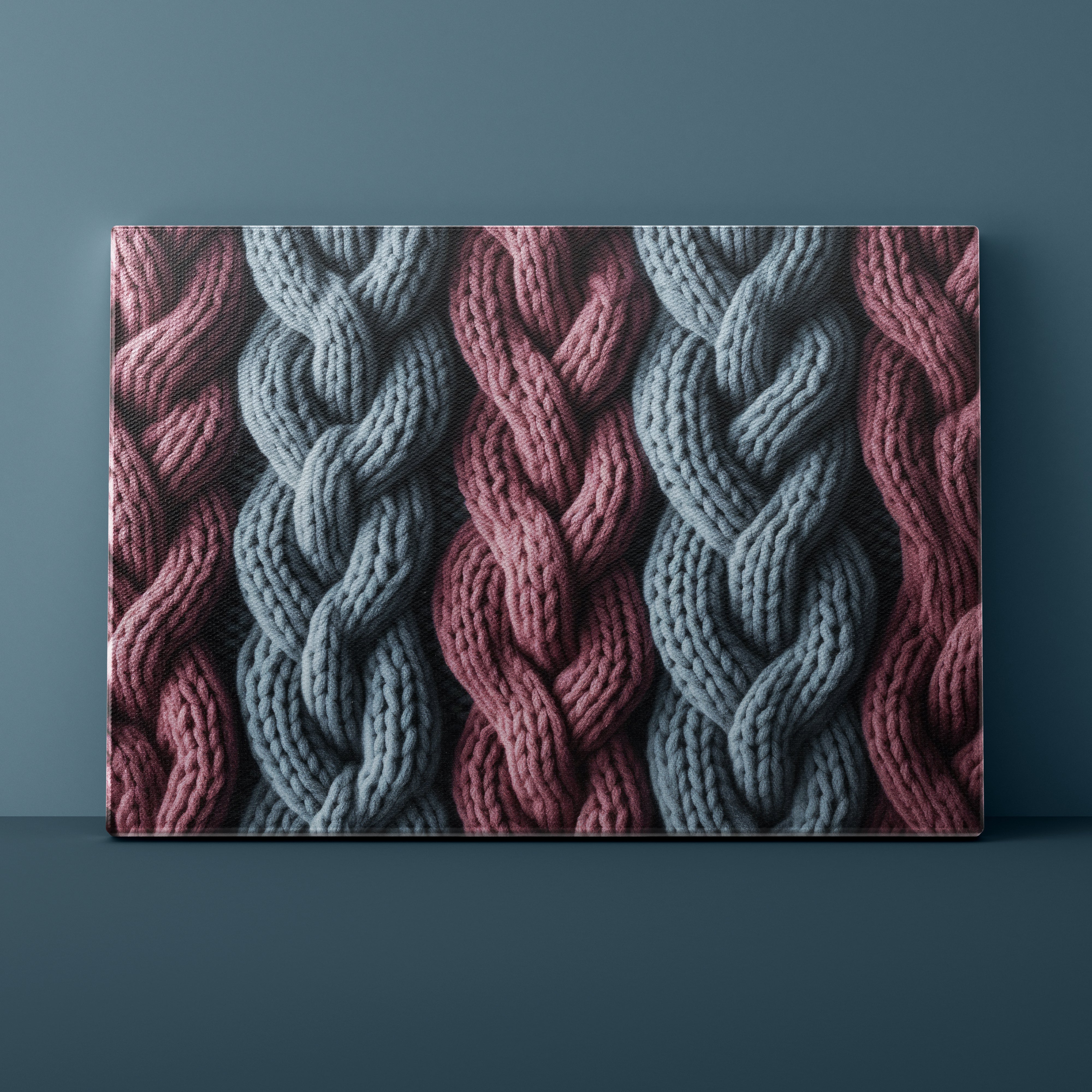 Textile pattern with braided design in pink and gray on a dark blue background