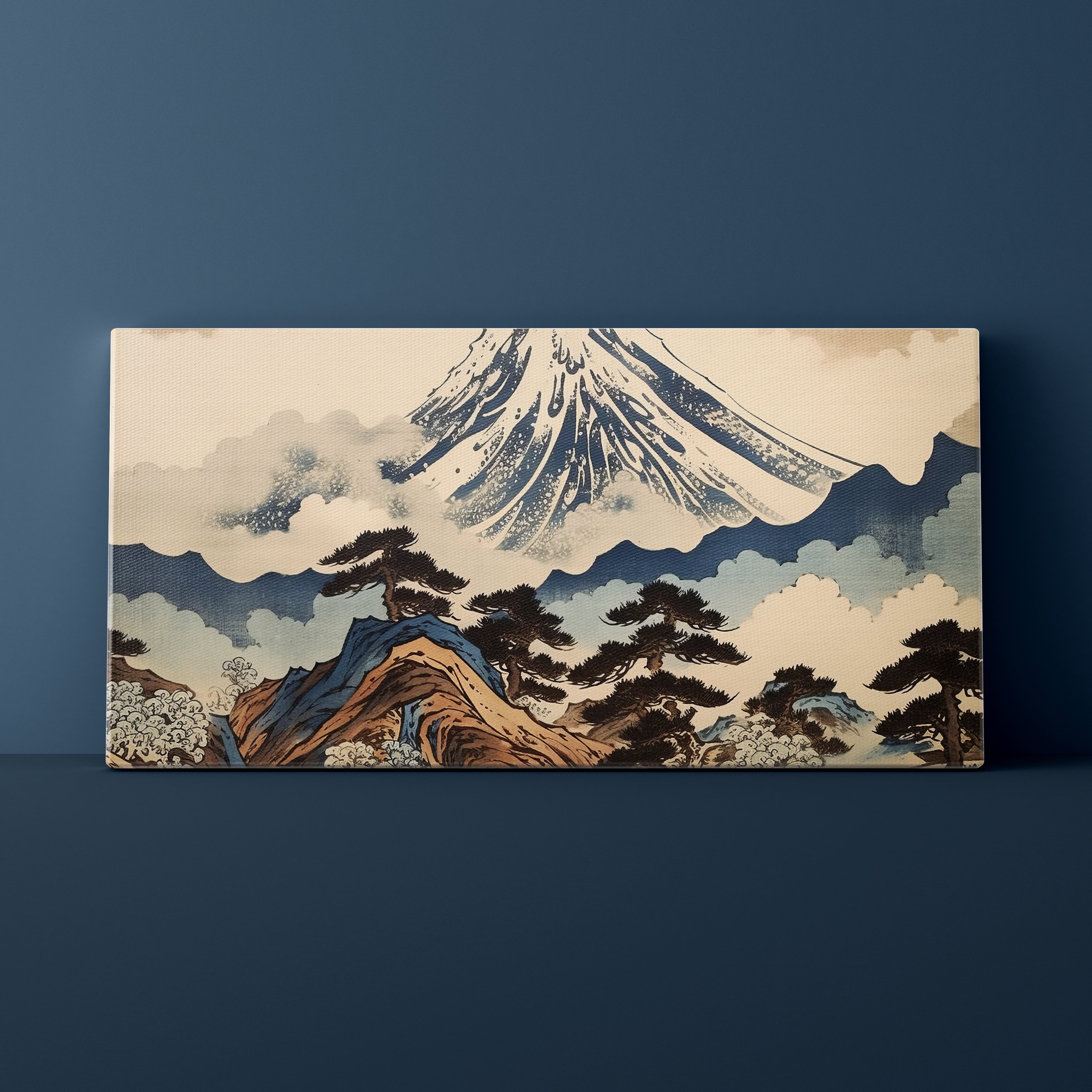 Canvas print of a mountain landscape with trees against a dark blue wall