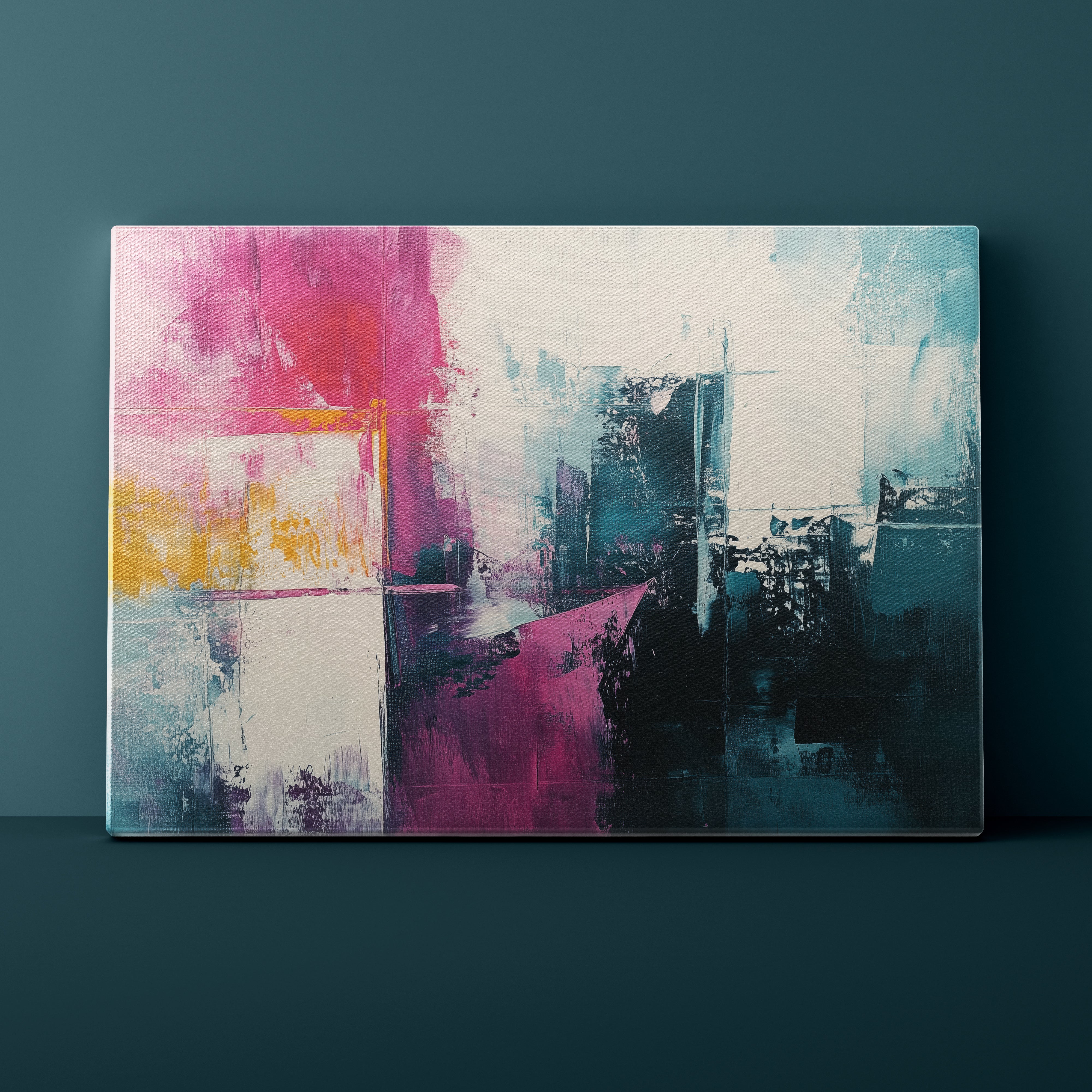 Abstract art painting with vibrant colors on a dark wall