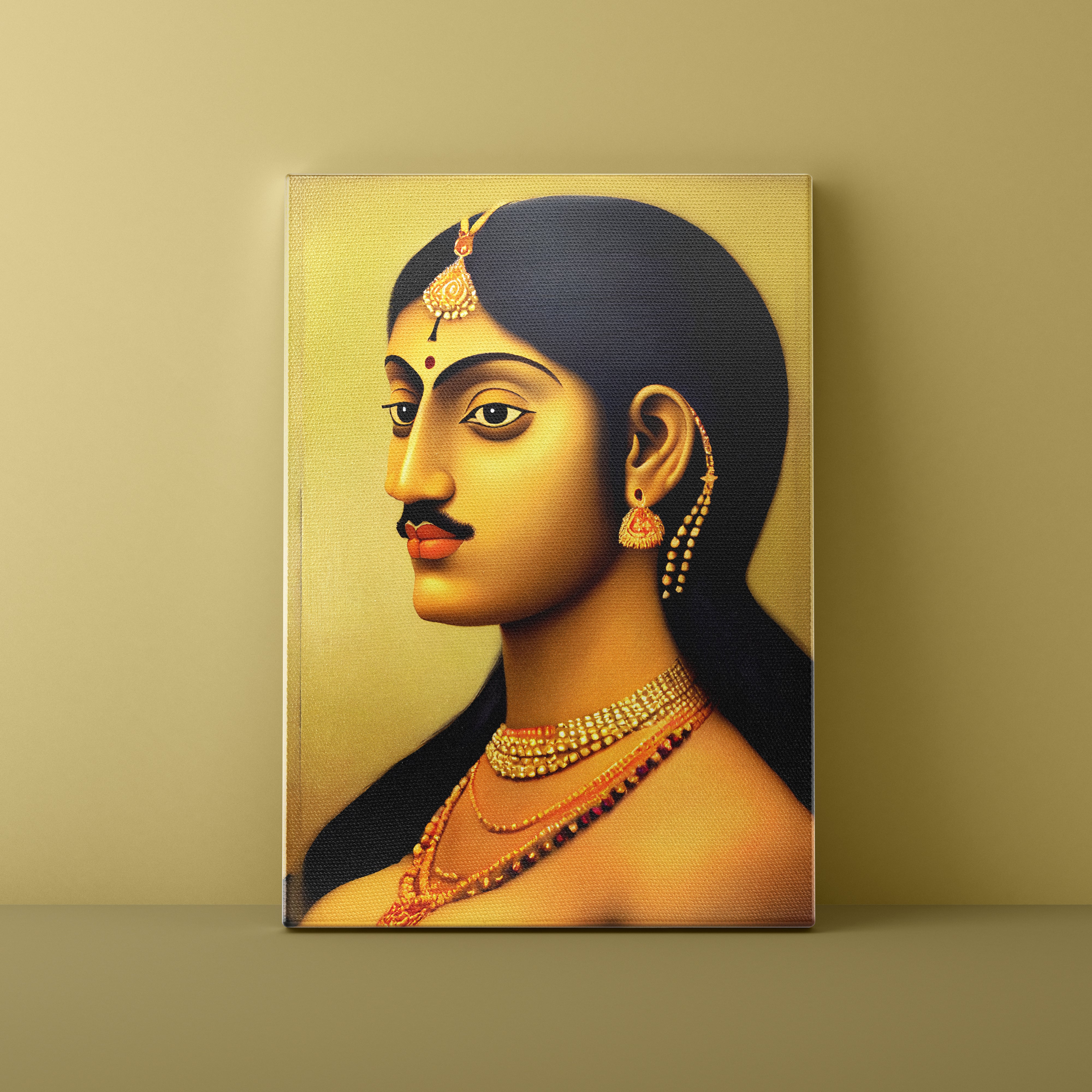 Portrait of a woman adorned with jewelry on a gold background