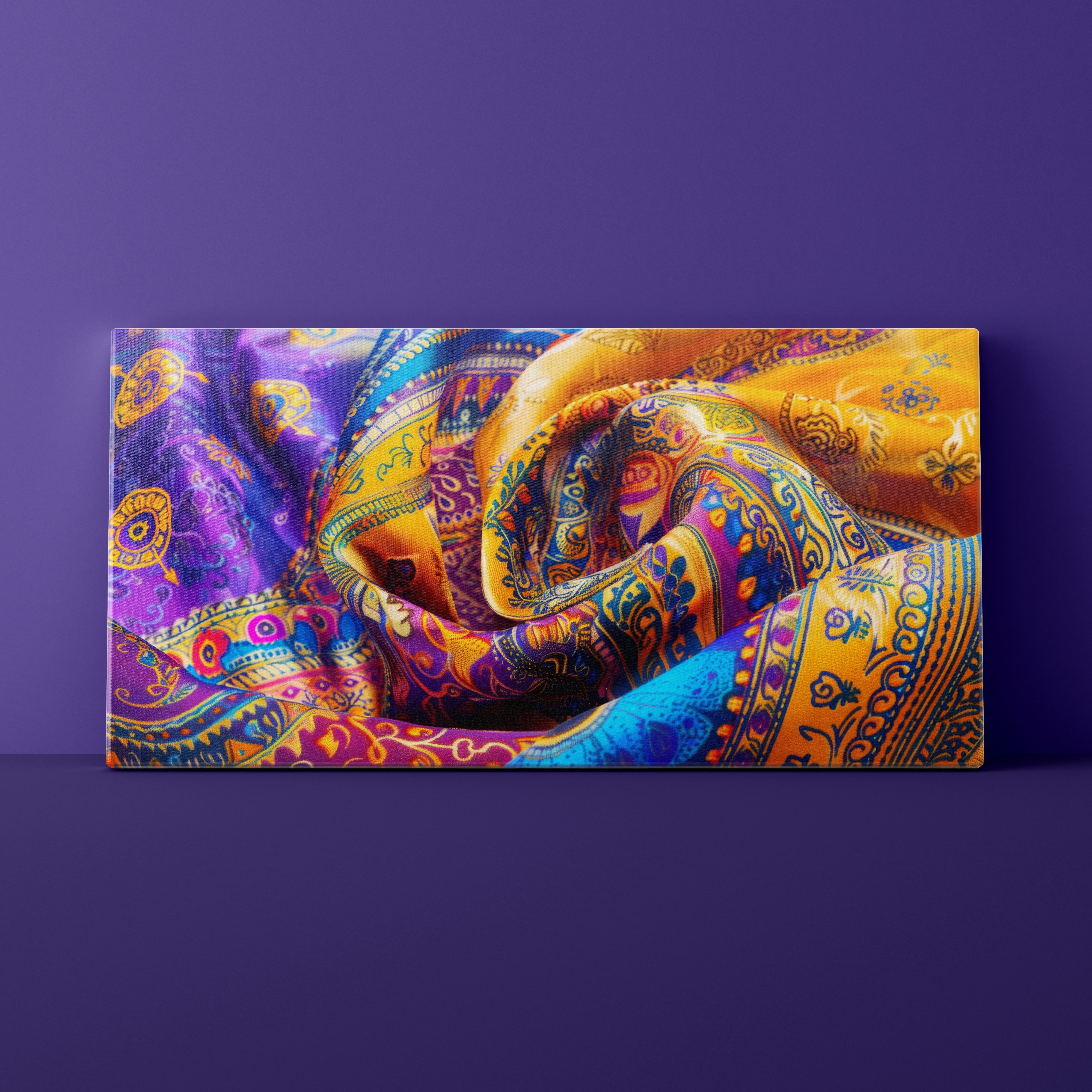 Colorful patterned fabric roll on a purple background
