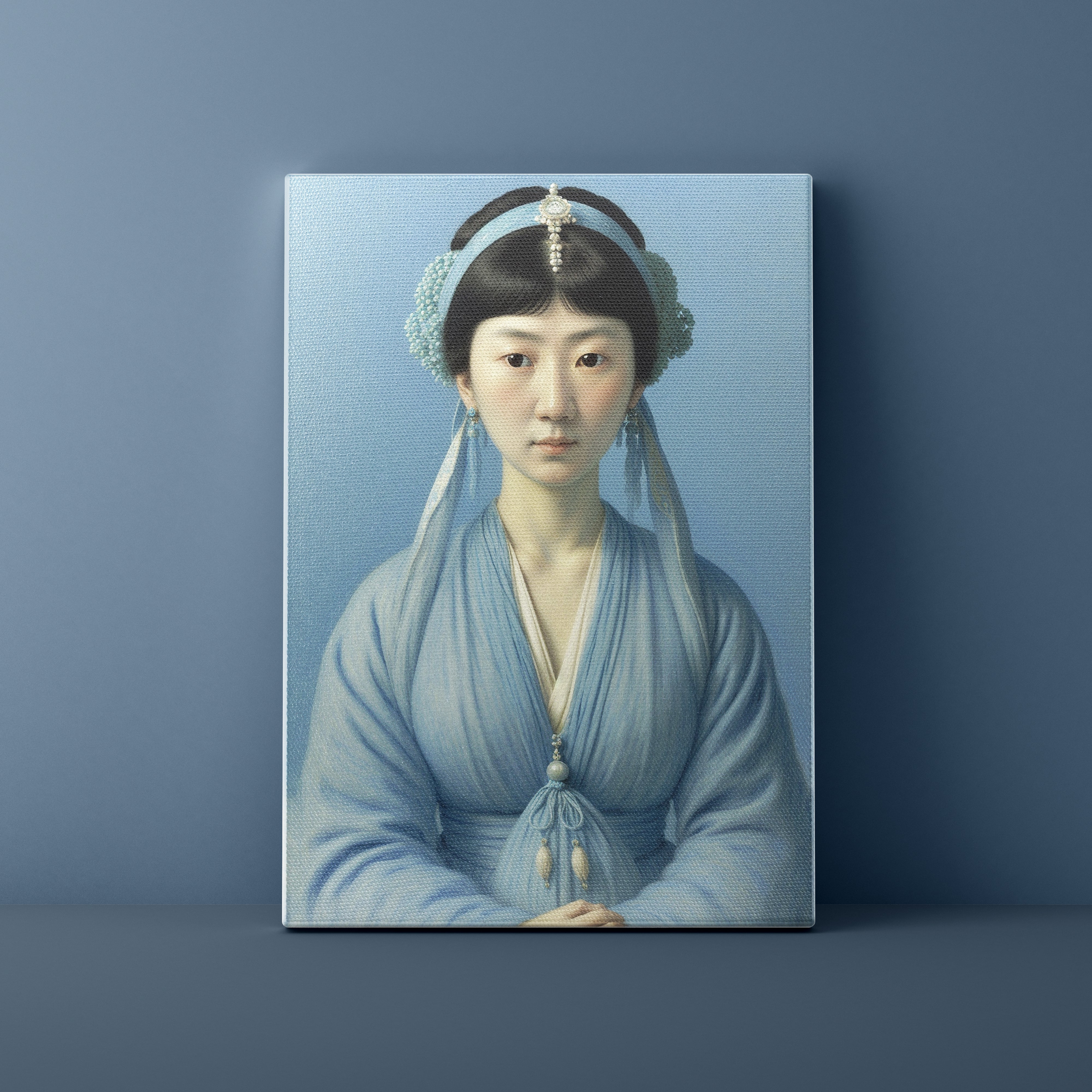 Canvas print of a woman in traditional attire against a blue background