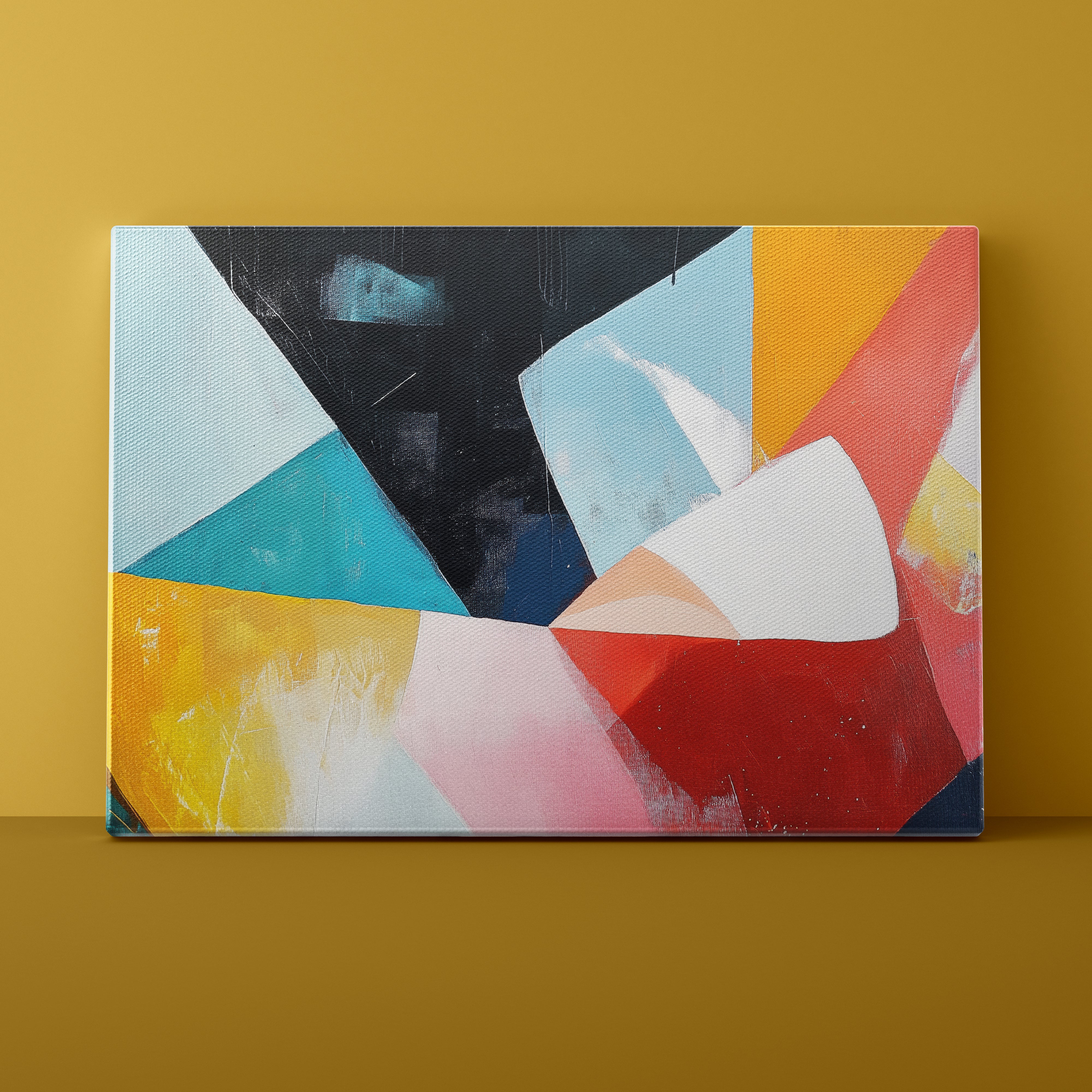 Abstract art painting with geometric shapes on a yellow wall
