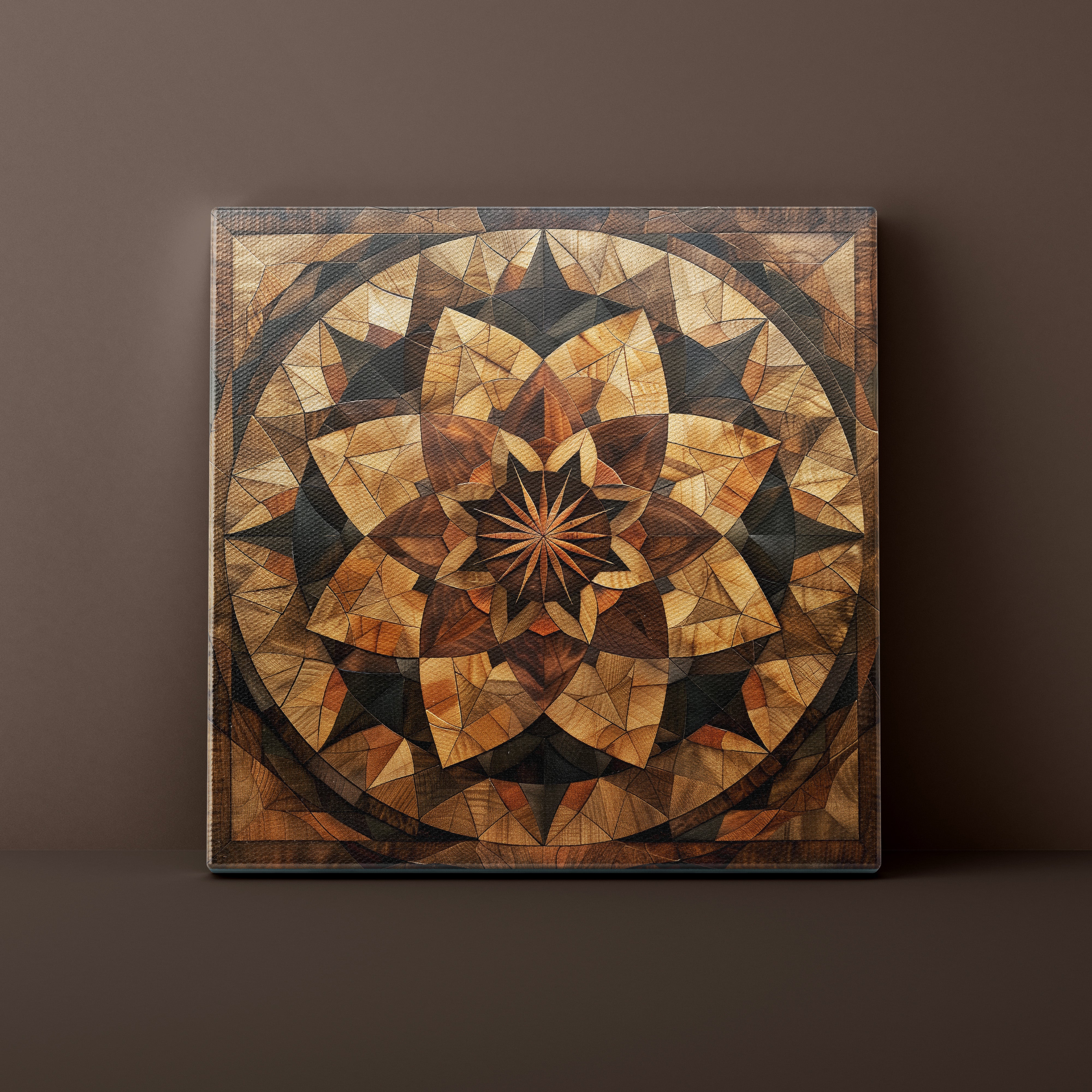 Wooden mosaic art piece on a brown background