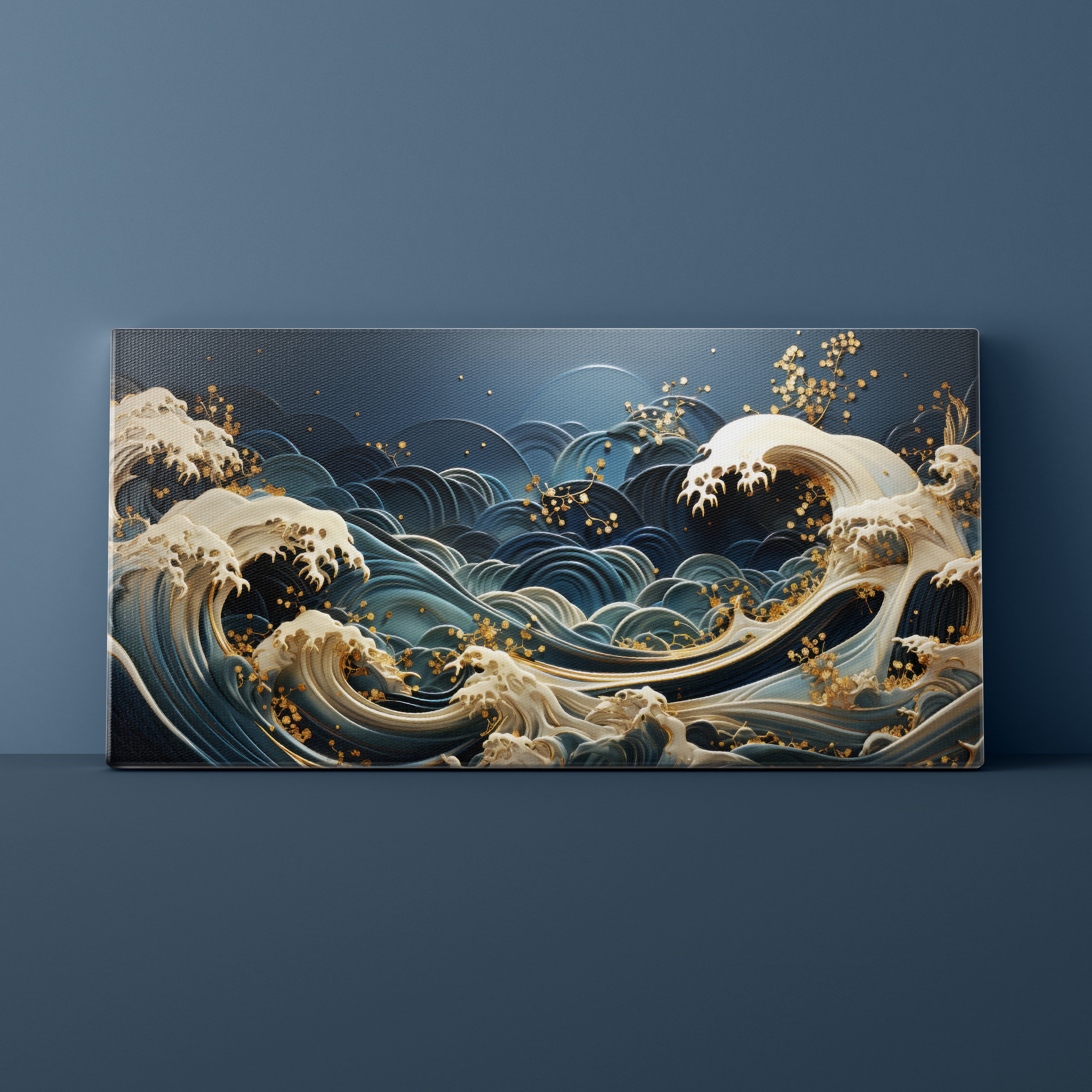 Decorative wall art of stylized waves on a dark blue background