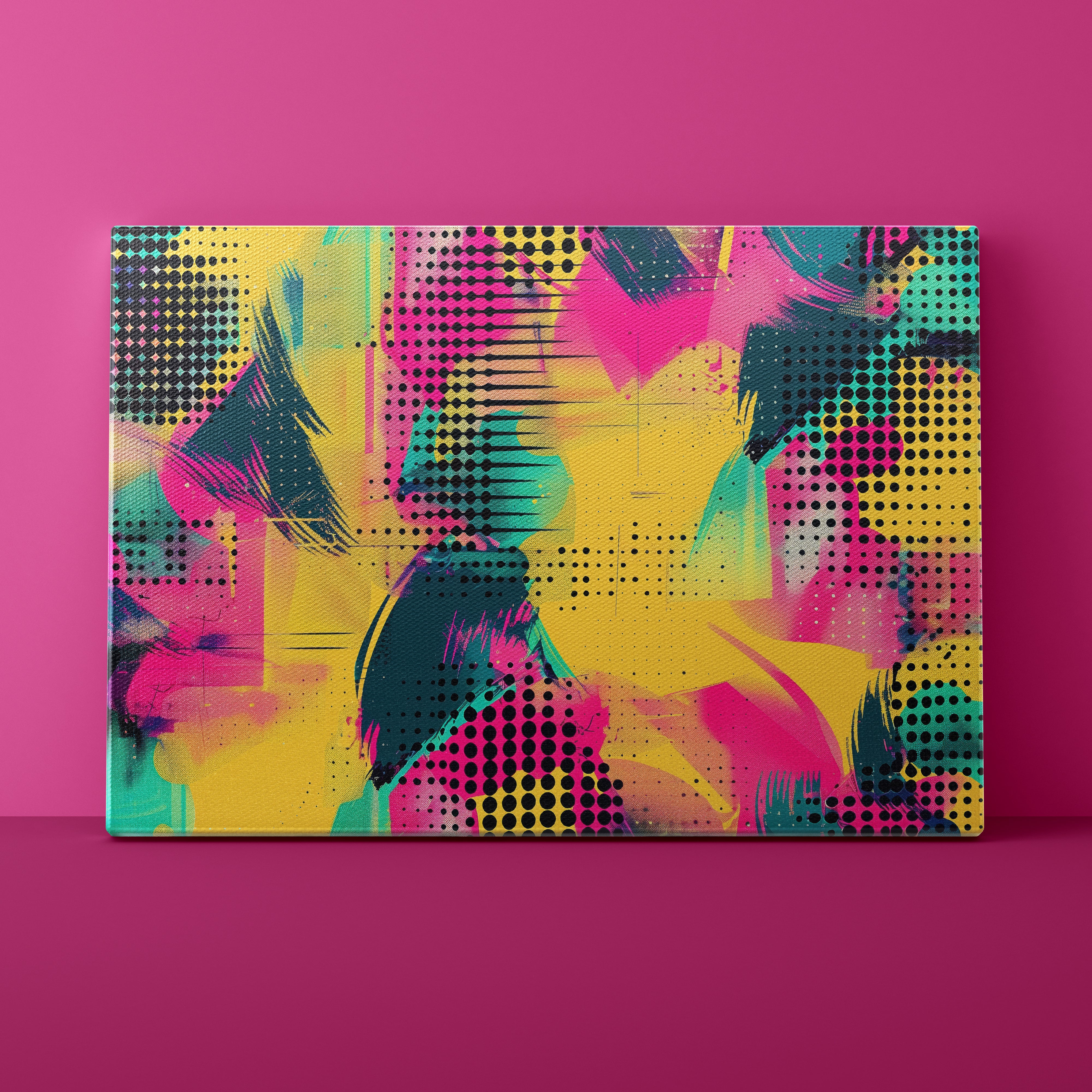 Colorful abstract art piece on a pink background